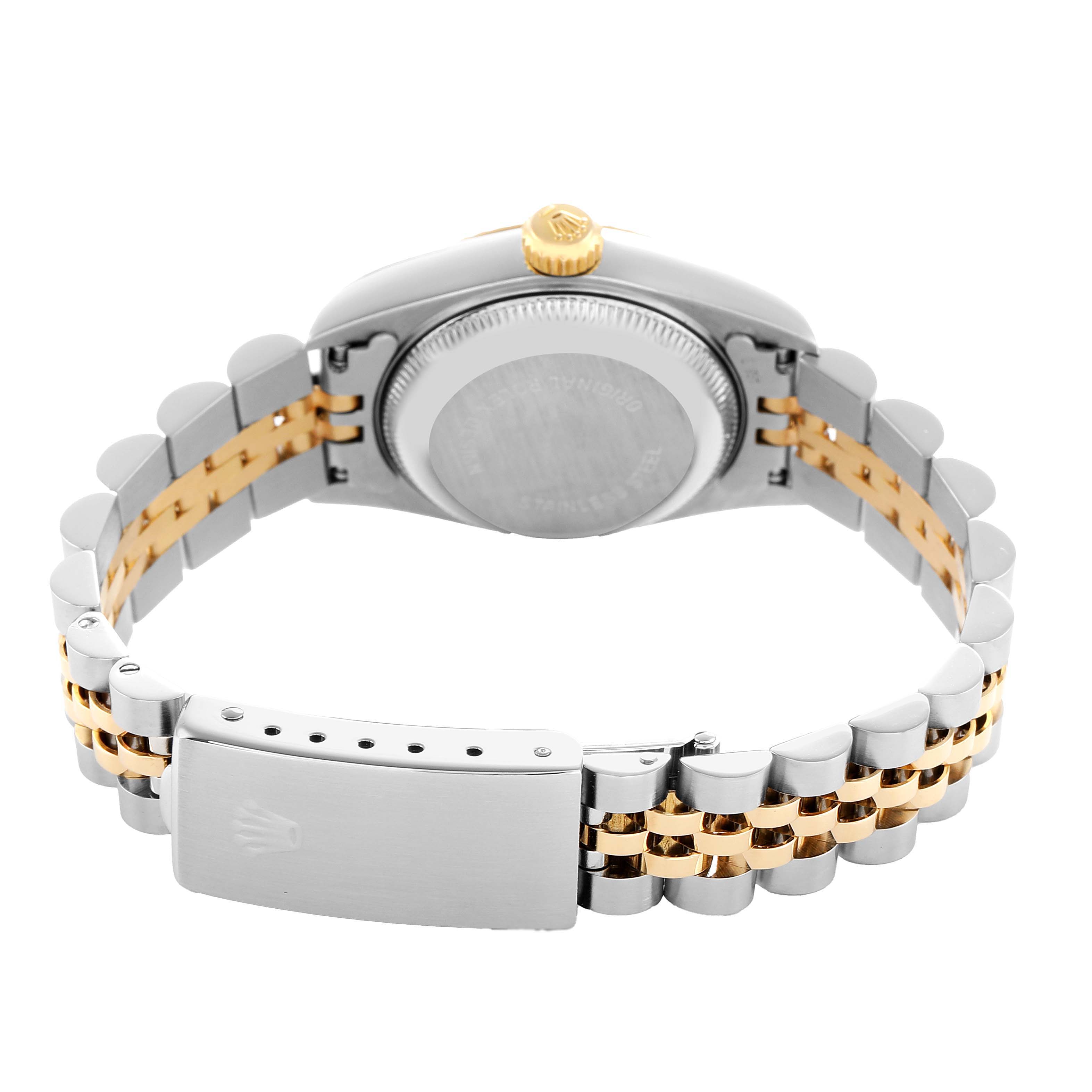 The image shows the back side of a Rolex Datejust 69173 Women's Steel and Gold (two tone) Champagne Dial watch, highlighting the case back, crown, and Jubilee bracelet.