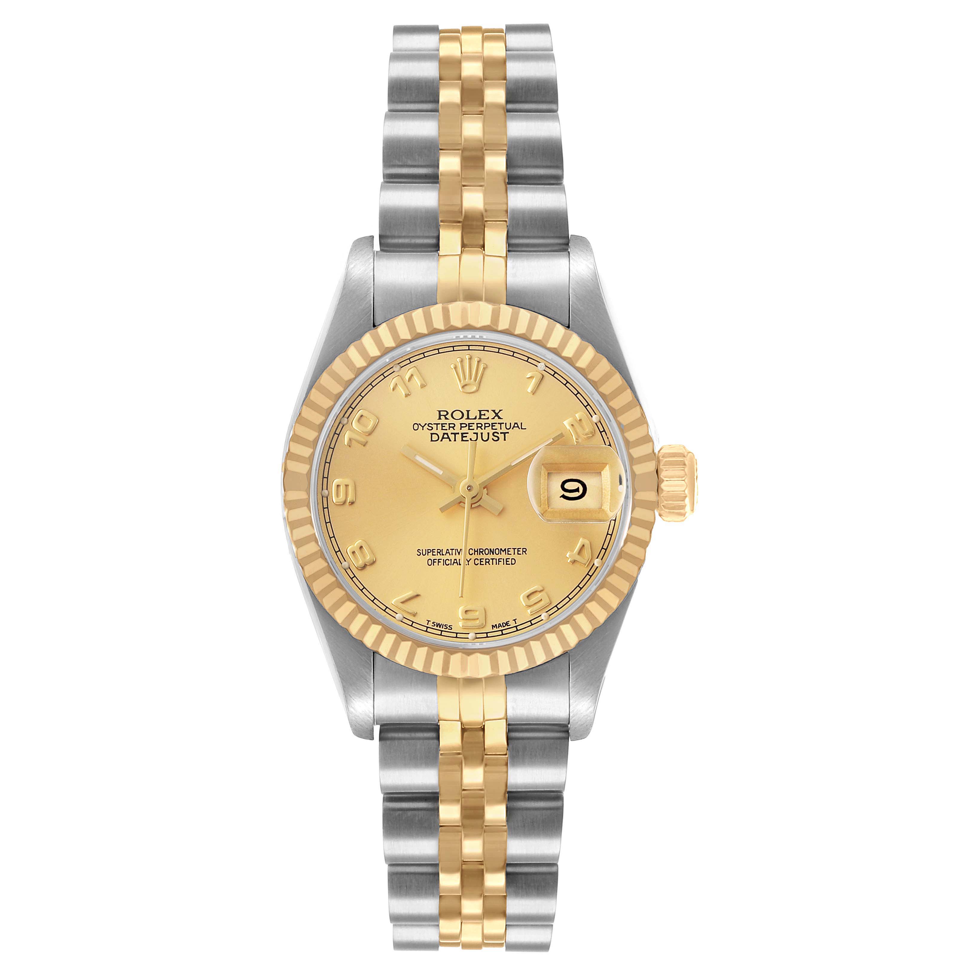 The Rolex Datejust 69173 Women's Steel and Gold (two tone) Champagne Dial is shown from a top view, highlighting the two-tone bracelet, golden dial, fluted bezel, and date feature.
