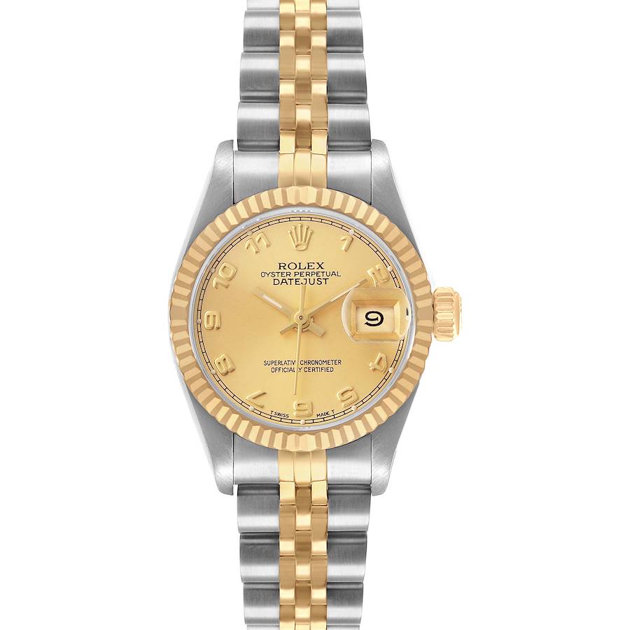 The Rolex Datejust 69173 Women's Steel and Gold (two tone) Champagne Dial watch is shown from a top-down angle, highlighting the dial, bezel, and bracelet.