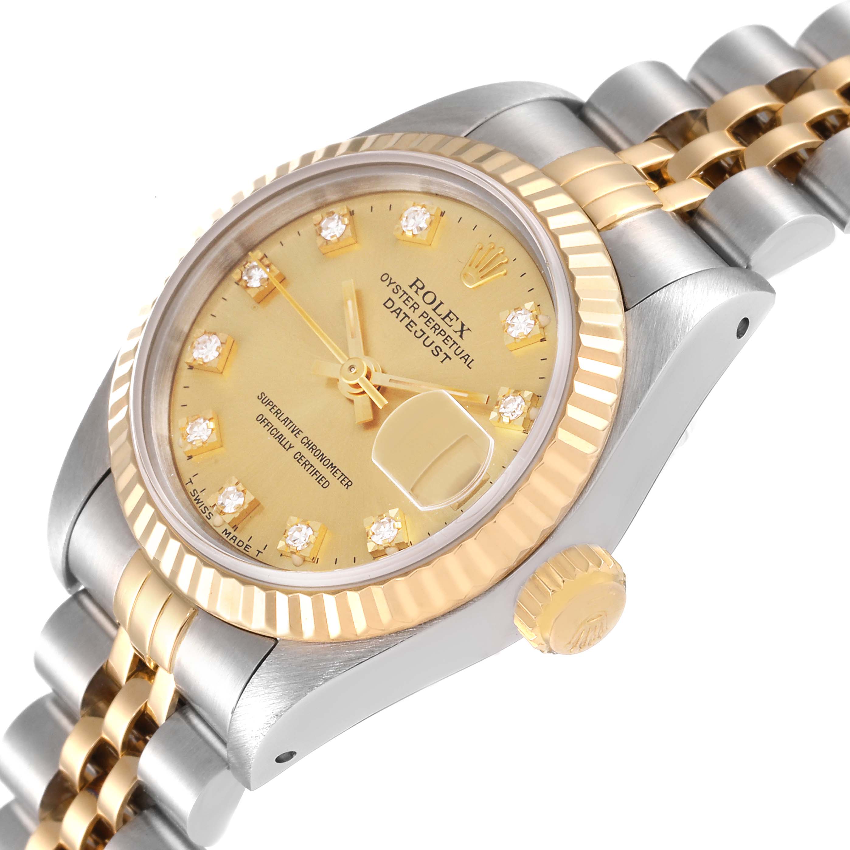 The Rolex Datejust 69173 Women's Steel and Gold (two tone) Champagne Dial 69173 Women's Steel and Gold (two tone) Champagne Dial watch is shown from an angled side view, displaying its gold dial, fluted bezel, crown, and part of the Jubilee bracelet.