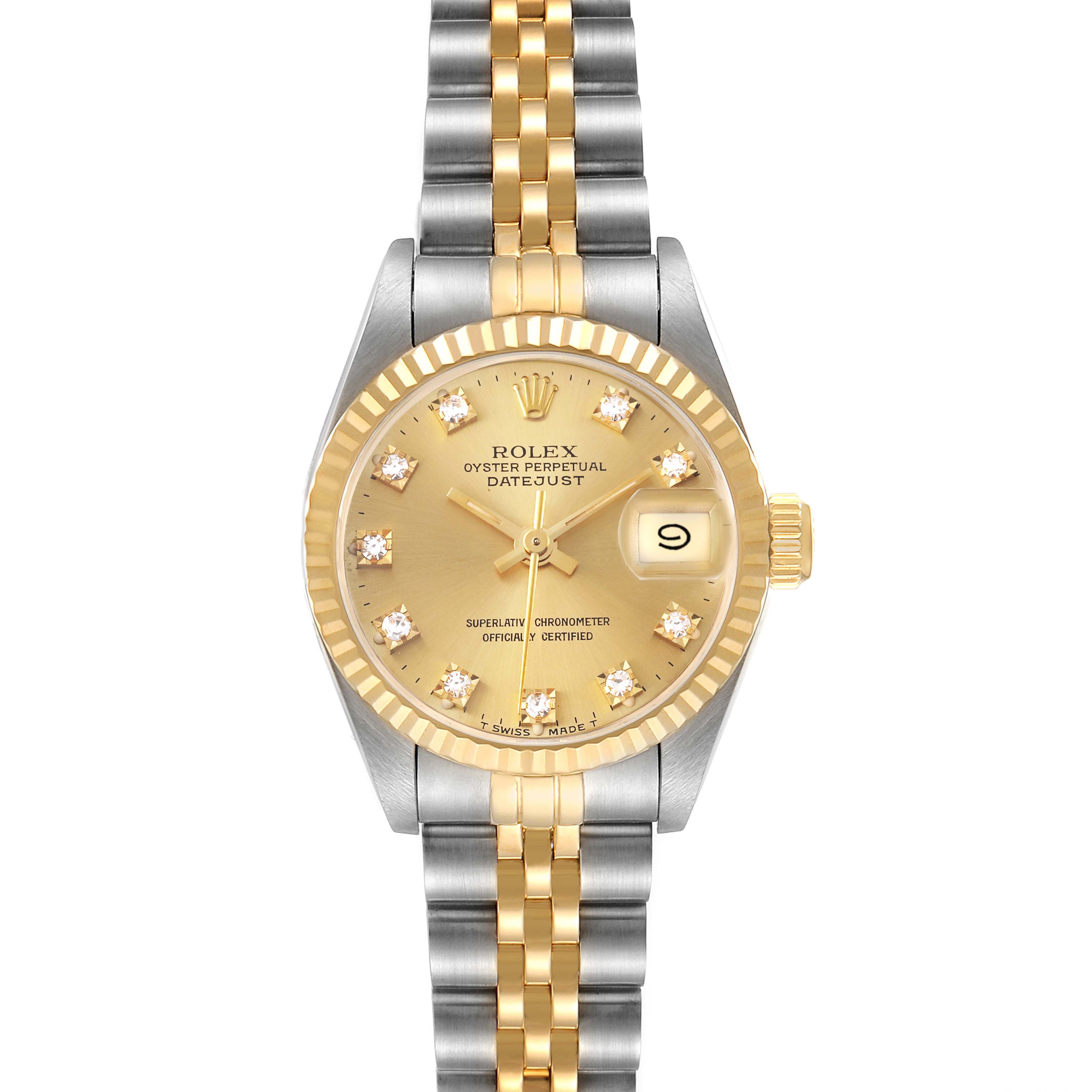 This image shows a front view of the Rolex Datejust 69173 Women's Steel and Gold (two tone) Champagne Dial 69173 Women's Steel and Gold (two tone) Champagne Dial watch featuring a gold dial, diamond indices, and a two-tone bracelet.