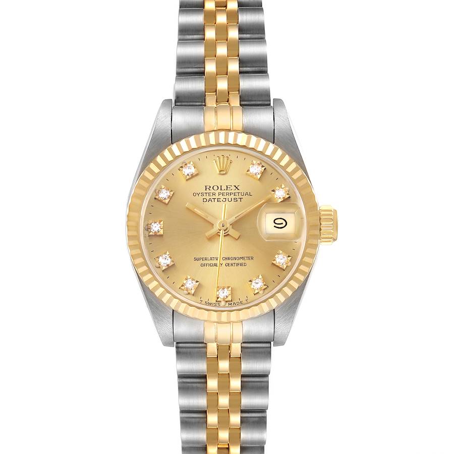 This image shows a front view of the Rolex Datejust watch featuring a gold dial, diamond indices, and a two-tone bracelet.