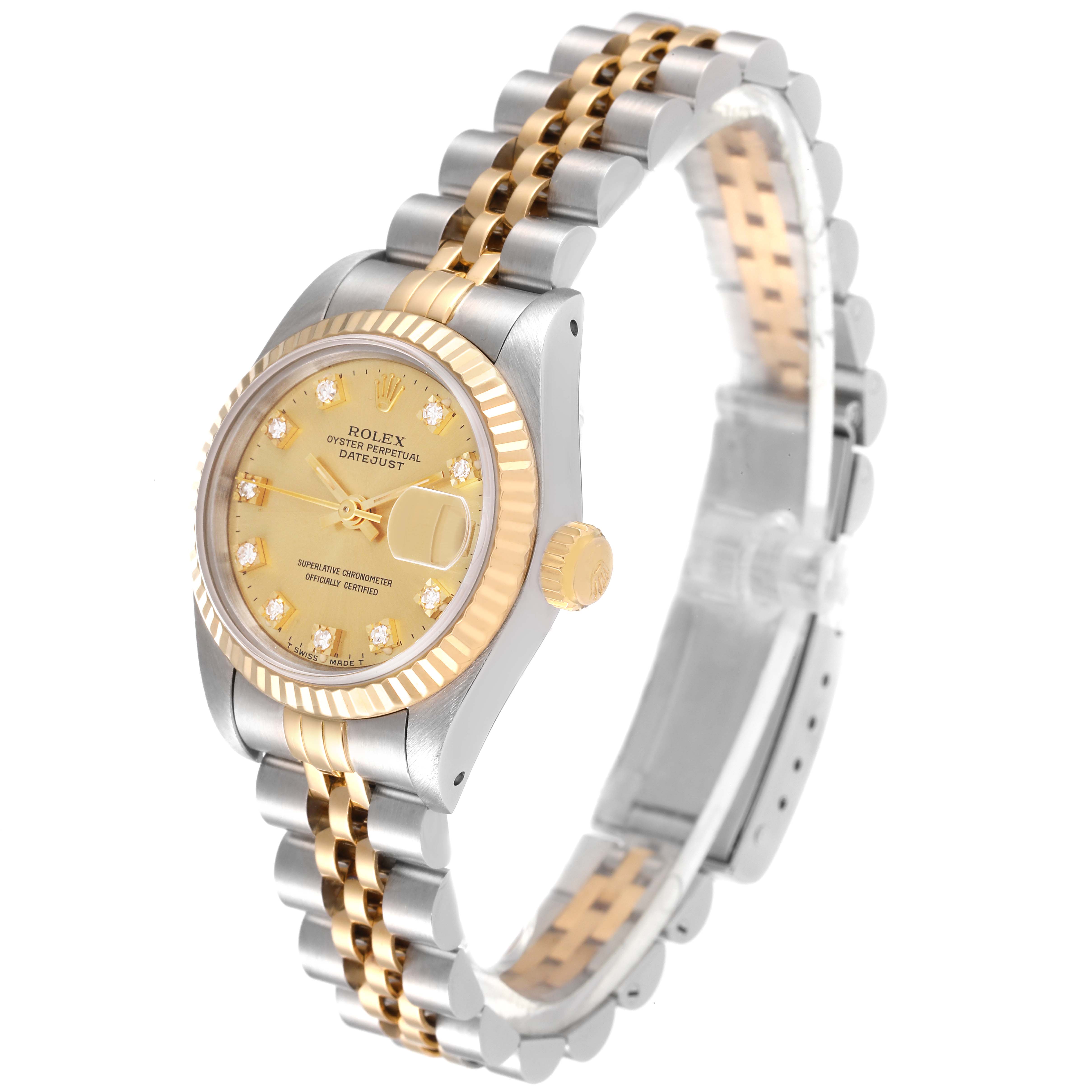 The image shows a Rolex Datejust 69173 Women's Steel and Gold (two tone) Champagne Dial 69173 Women's Steel and Gold (two tone) Champagne Dial watch at a three-quarter angle, highlighting its dial, bezel, crown, and bracelet.