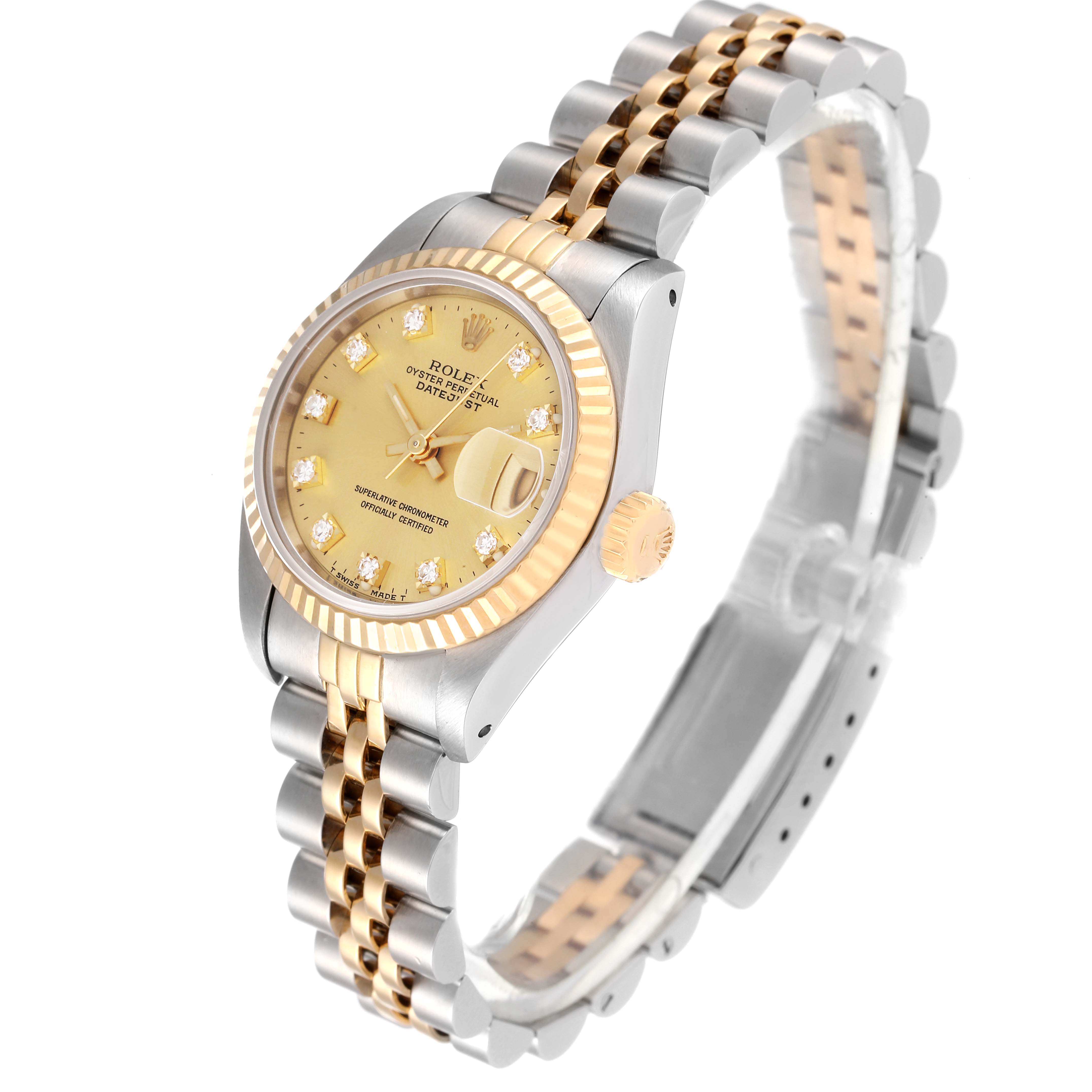 The image shows a Rolex Datejust 69173 Women's Steel and Gold (two tone) Champagne Dial 69173 Women's Steel and Gold (two tone) Champagne Dial watch with a gold and silver two-tone jubilee bracelet, viewed at a slight angle highlighting the face and crown.