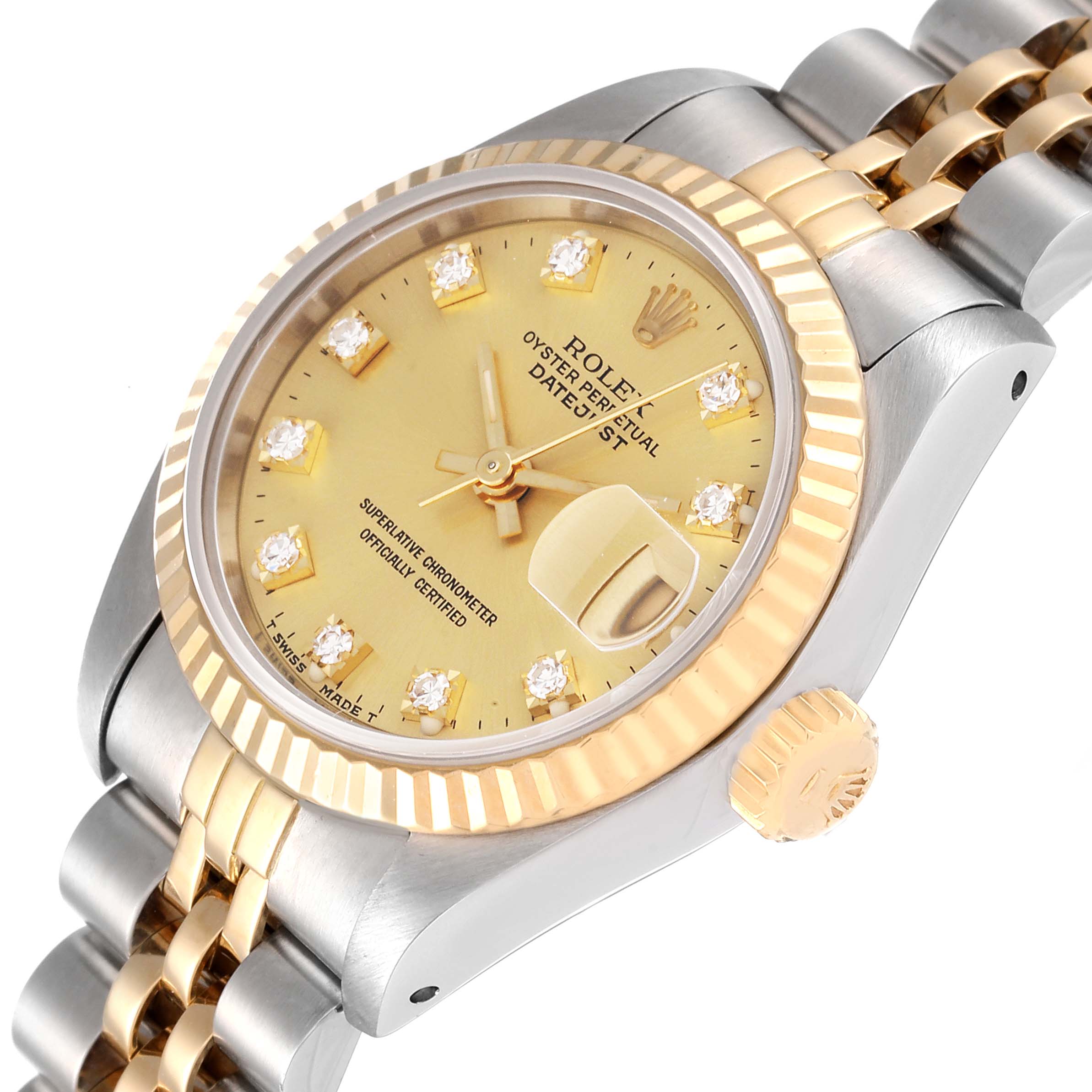 The image shows a Rolex Datejust 69173 Women's Steel and Gold (two tone) Champagne Dial 69173 Women's Steel and Gold (two tone) Champagne Dial watch at a slight angle, highlighting the gold dial, fluted bezel, and two-tone bracelet.