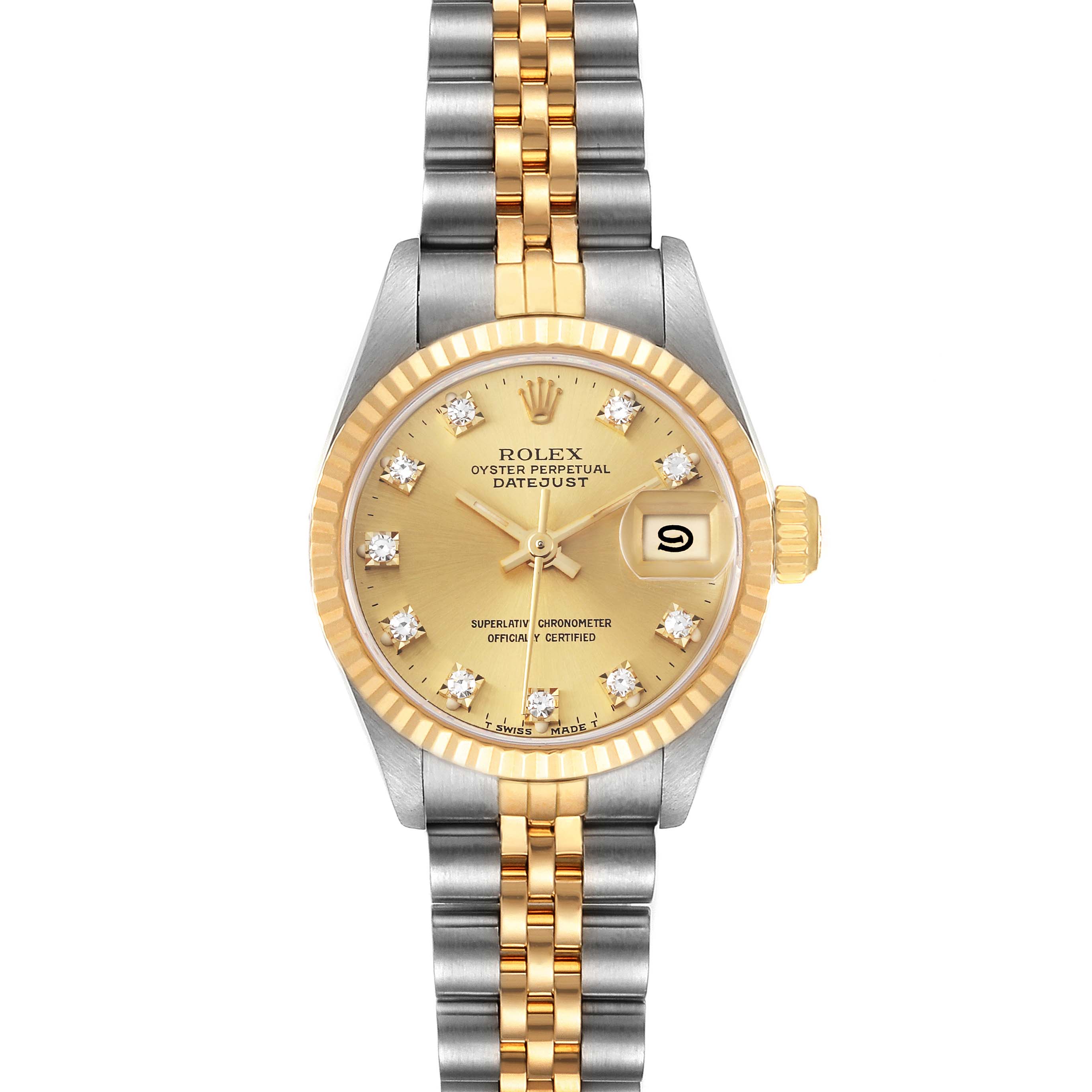 This Rolex Datejust 69173 Women's Steel and Gold (two tone) Champagne Dial 69173 Women's Steel and Gold (two tone) Champagne Dial watch is shown from a top-down angle, displaying its dial, bezel, crown, and jubilee bracelet.