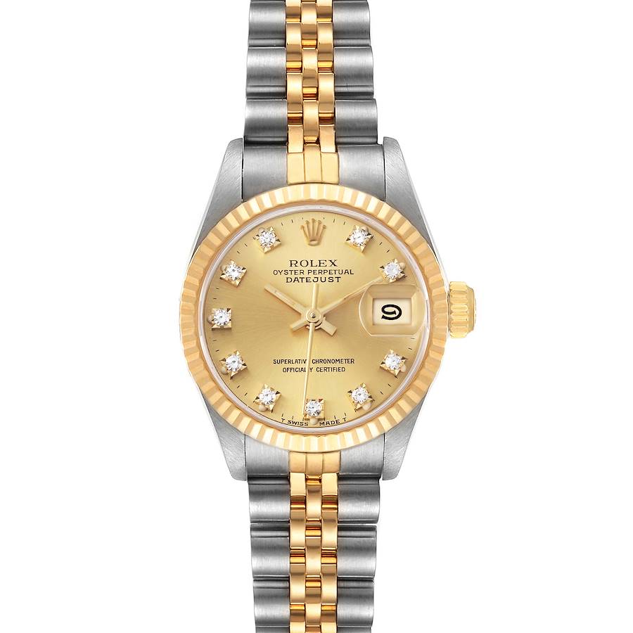 This Rolex Datejust watch is shown from a top-down angle, displaying its dial, bezel, crown, and jubilee bracelet.