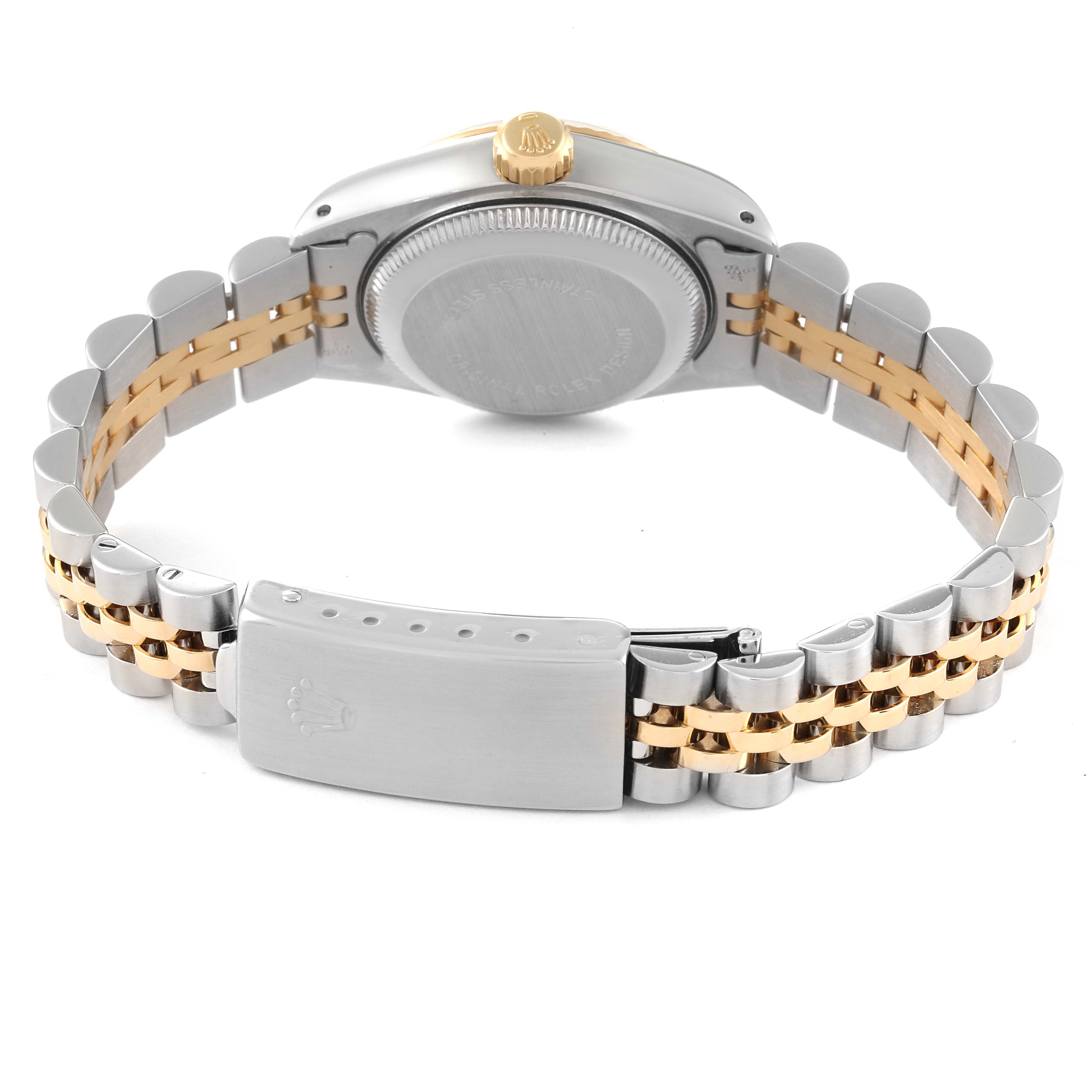 The image shows the back and bracelet clasp of a Rolex Datejust 69173 Women's Steel and Gold (two tone) Champagne Dial 69173 Women's Steel and Gold (two tone) Champagne Dial watch, highlighting its two-tone metal band.