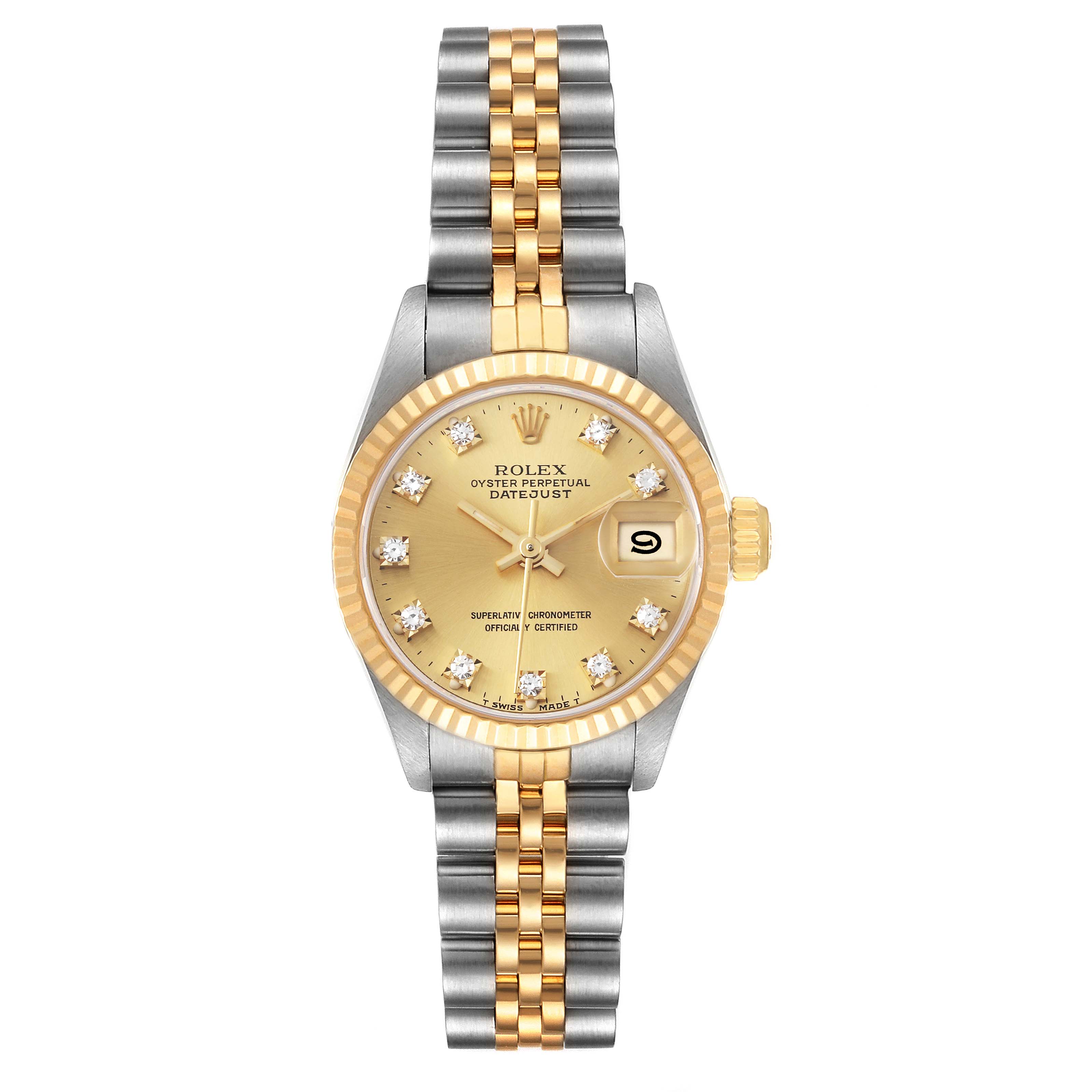 The image shows a front view of a Rolex Datejust 69173 Women's Steel and Gold (two tone) Champagne Dial 69173 Women's Steel and Gold (two tone) Champagne Dial watch, highlighting the dial, bezel, crown, and bracelet.