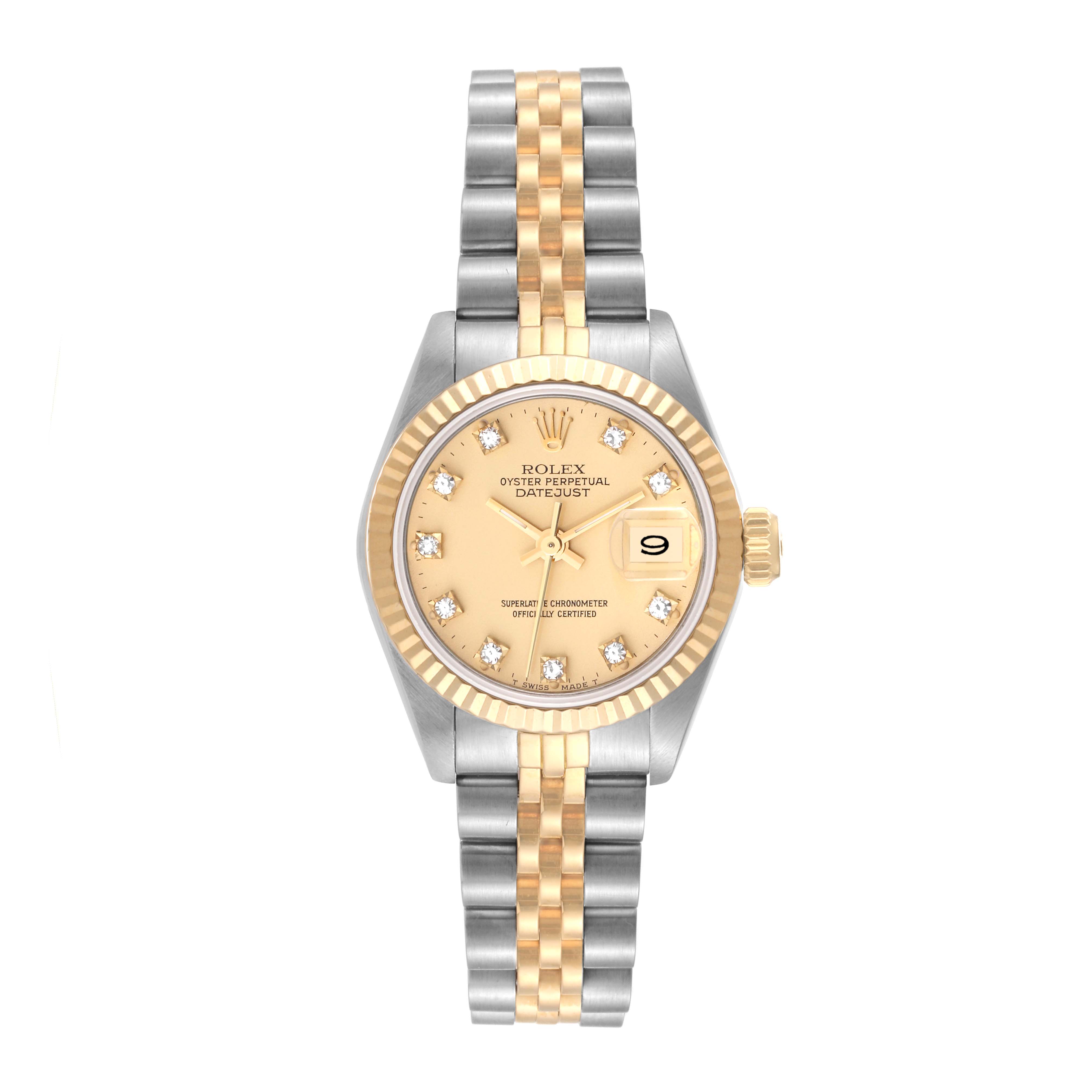 The image shows a front view of a Rolex Datejust 69173 Women's Steel and Gold (two tone) Champagne Dial 69173 Women's Steel and Gold (two tone) Champagne Dial watch, highlighting its dial, bezel, and two-tone bracelet.