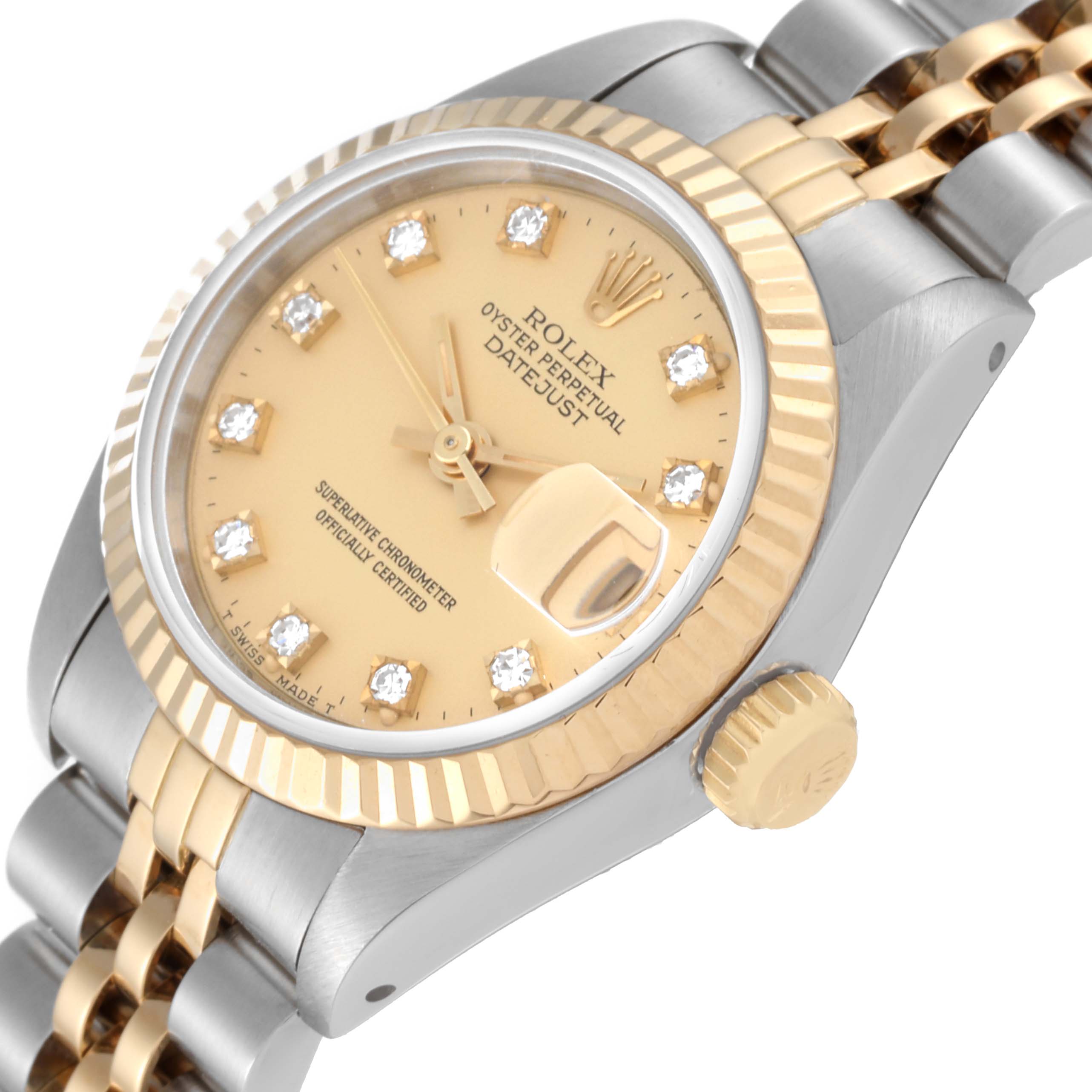 The image shows a close-up angle of the Rolex Datejust 69173 Women's Steel and Gold (two tone) Champagne Dial 69173 Women's Steel and Gold (two tone) Champagne Dial watch, highlighting its dial, bezel, crown, and part of the bracelet.