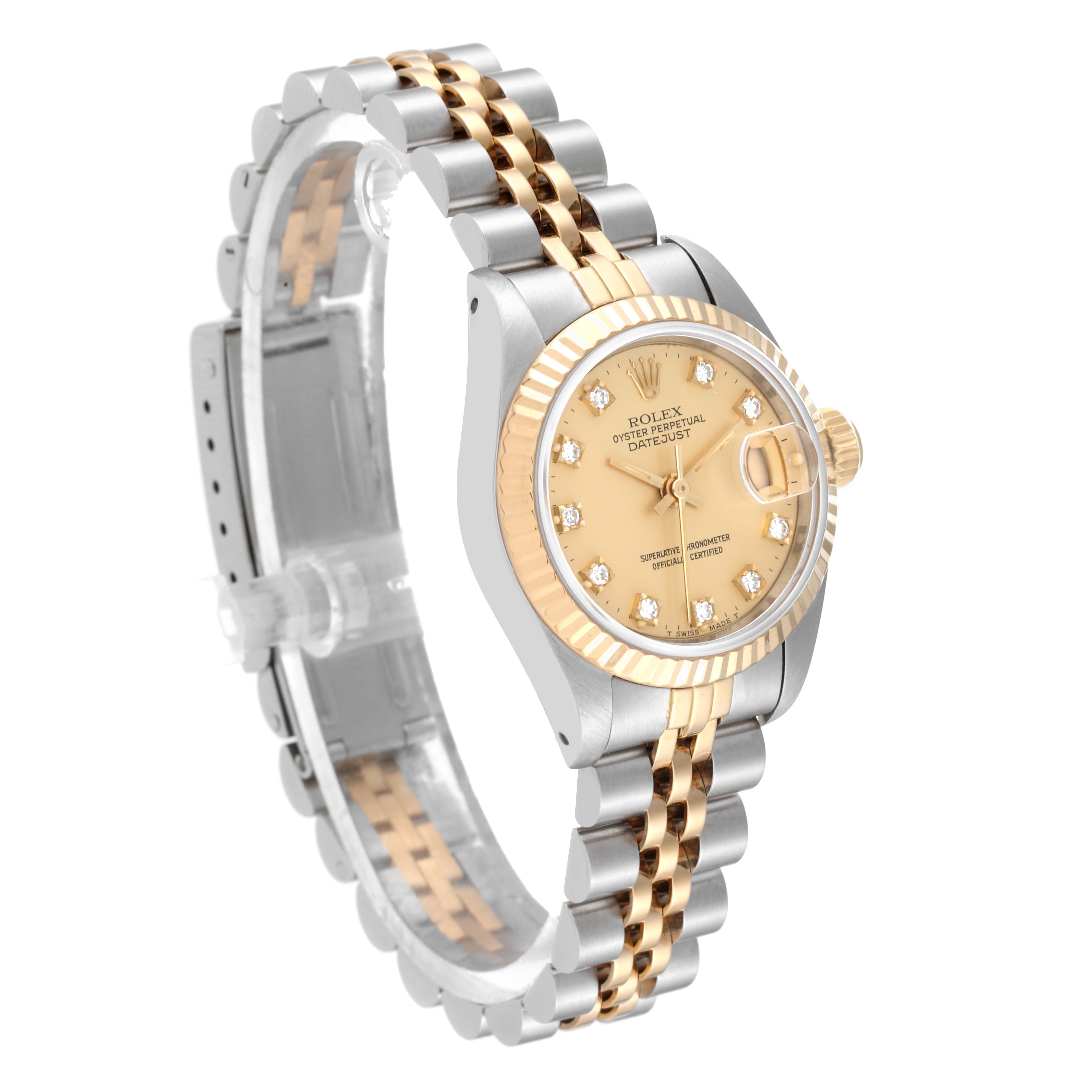 This image shows a Rolex Datejust 69173 Women's Steel and Gold (two tone) Champagne Dial 69173 Women's Steel and Gold (two tone) Champagne Dial watch at a three-quarter angle, featuring its dial, crown, fluted bezel, and Jubilee bracelet.