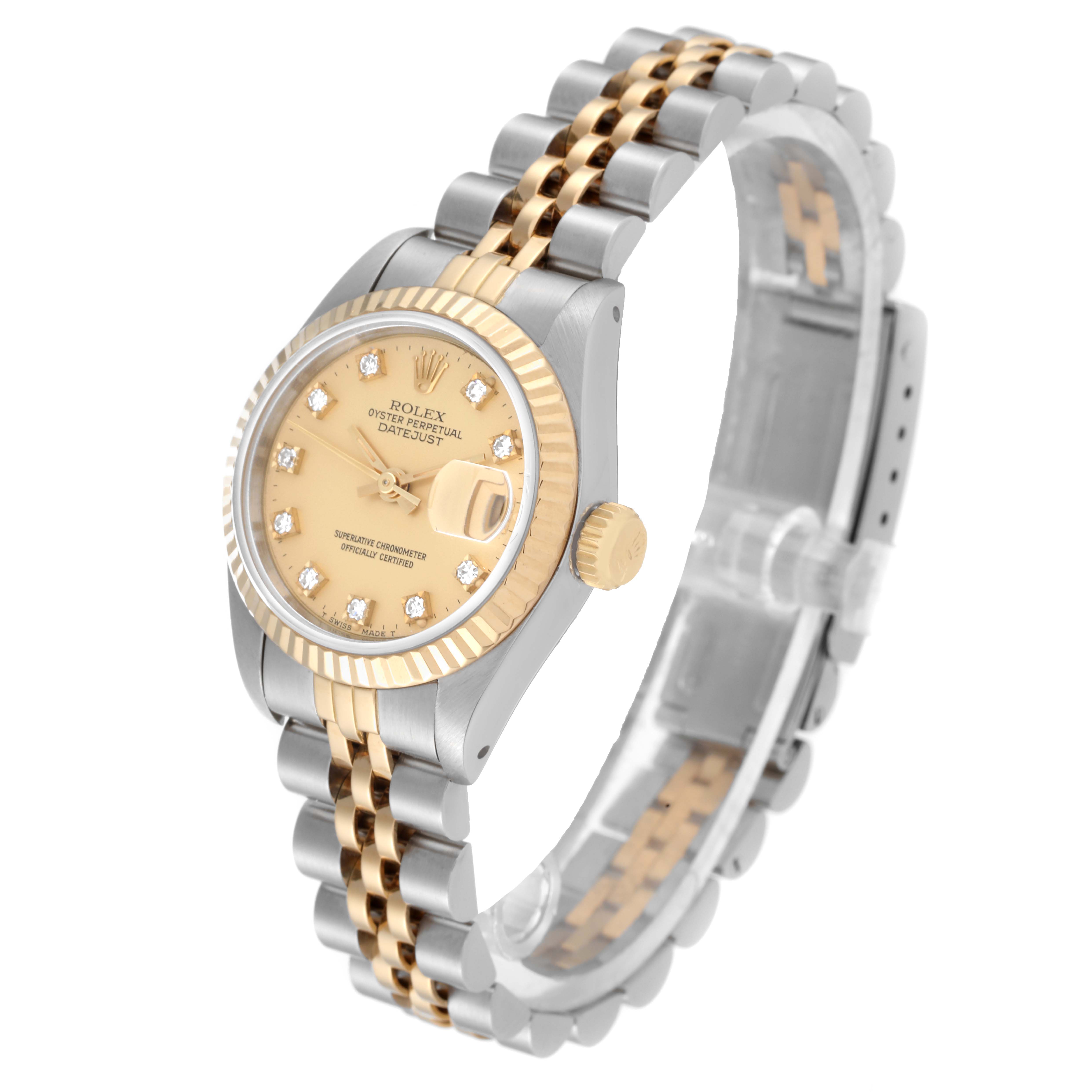 The image shows a two-tone Rolex Datejust 69173 Women's Steel and Gold (two tone) Champagne Dial 69173 Women's Steel and Gold (two tone) Champagne Dial watch at a slight angle, highlighting the face, bezel, crown, and bracelet.