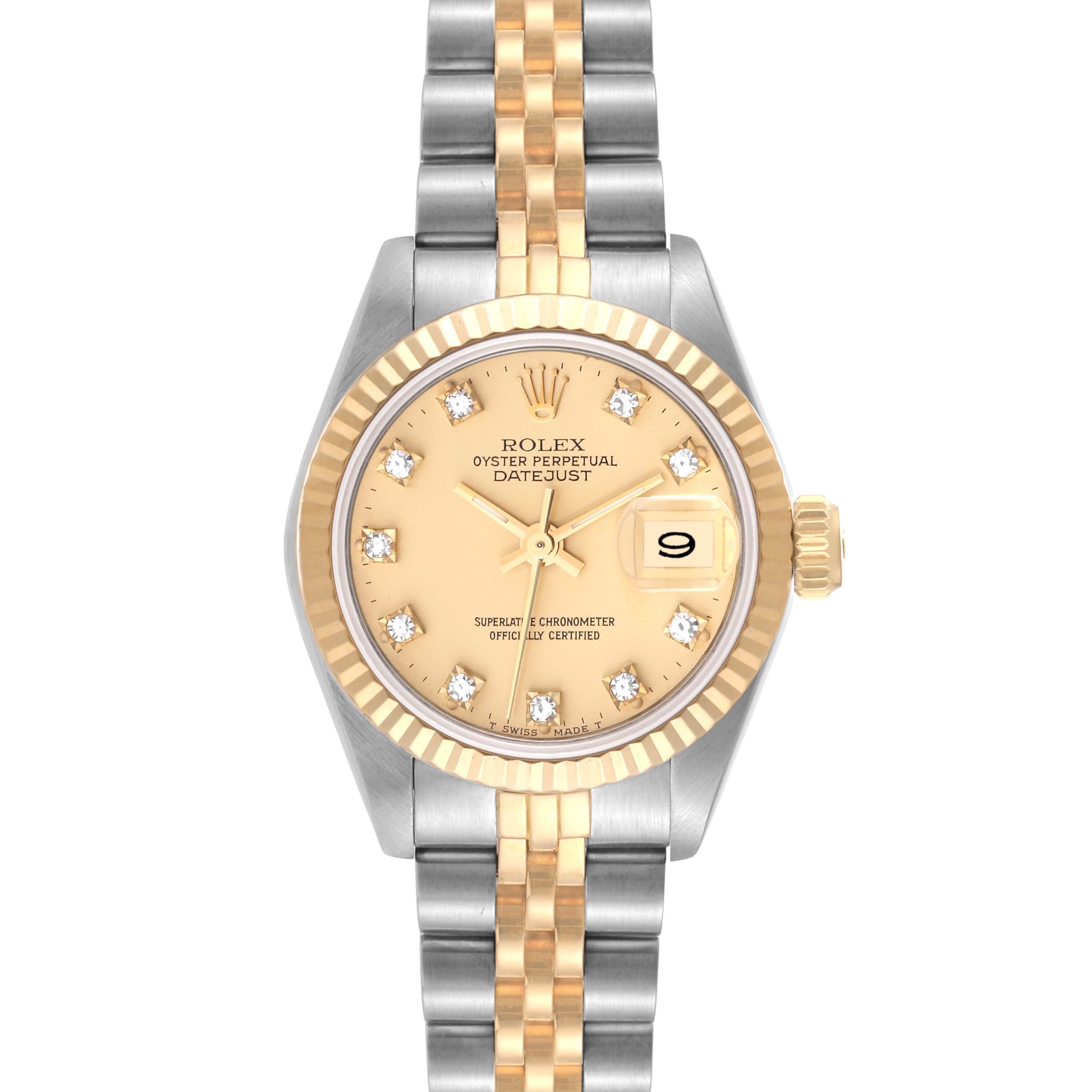 The image shows a frontal view of a Rolex Datejust 69173 Women's Steel and Gold (two tone) Champagne Dial 69173 Women's Steel and Gold (two tone) Champagne Dial watch, highlighting the dial, bezel, crown, and bracelet.
