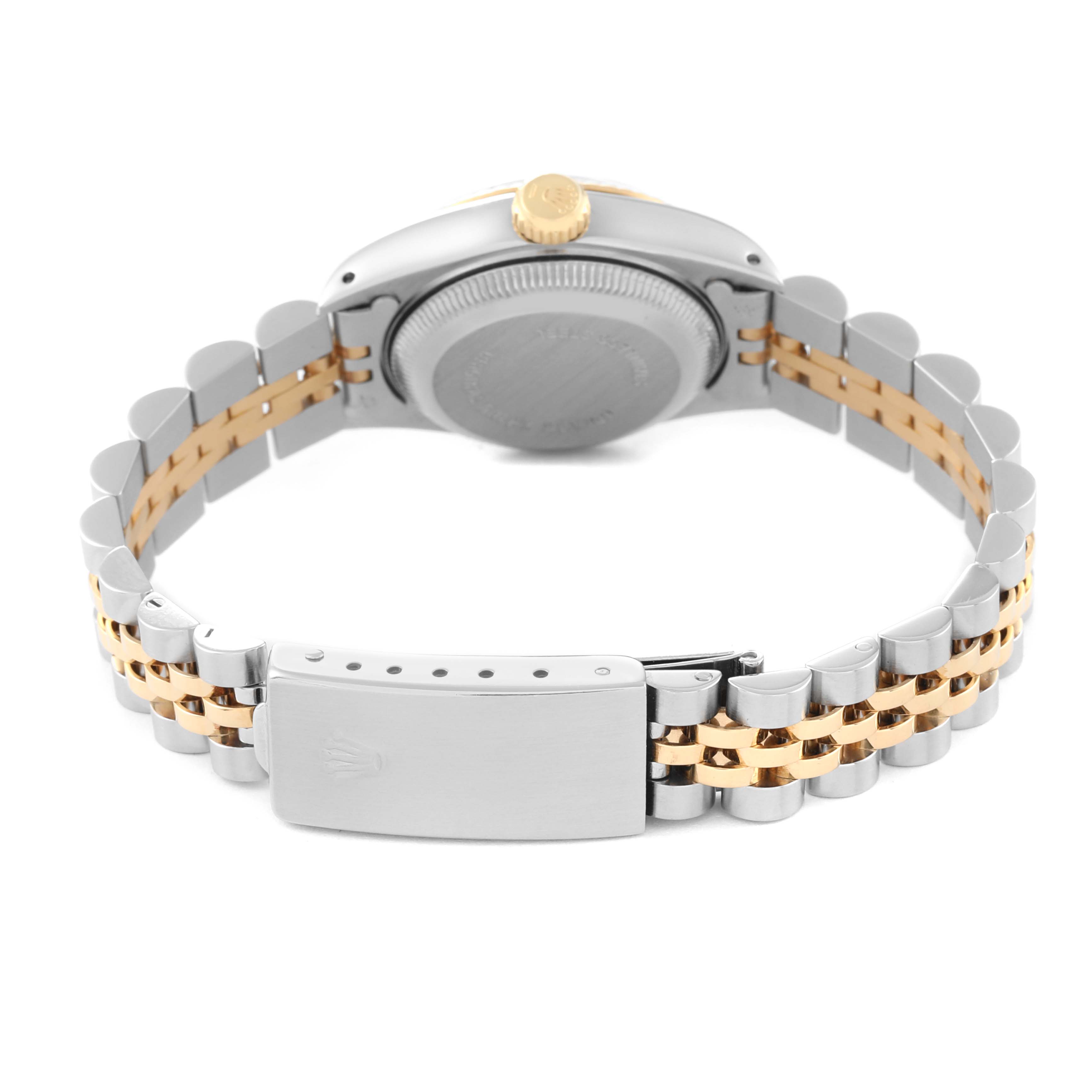 This image shows the back view of a Rolex Datejust 69173 Women's Steel and Gold (two tone) Champagne Dial 69173 Women's Steel and Gold (two tone) Champagne Dial watch, focusing on its two-tone bracelet and clasp.