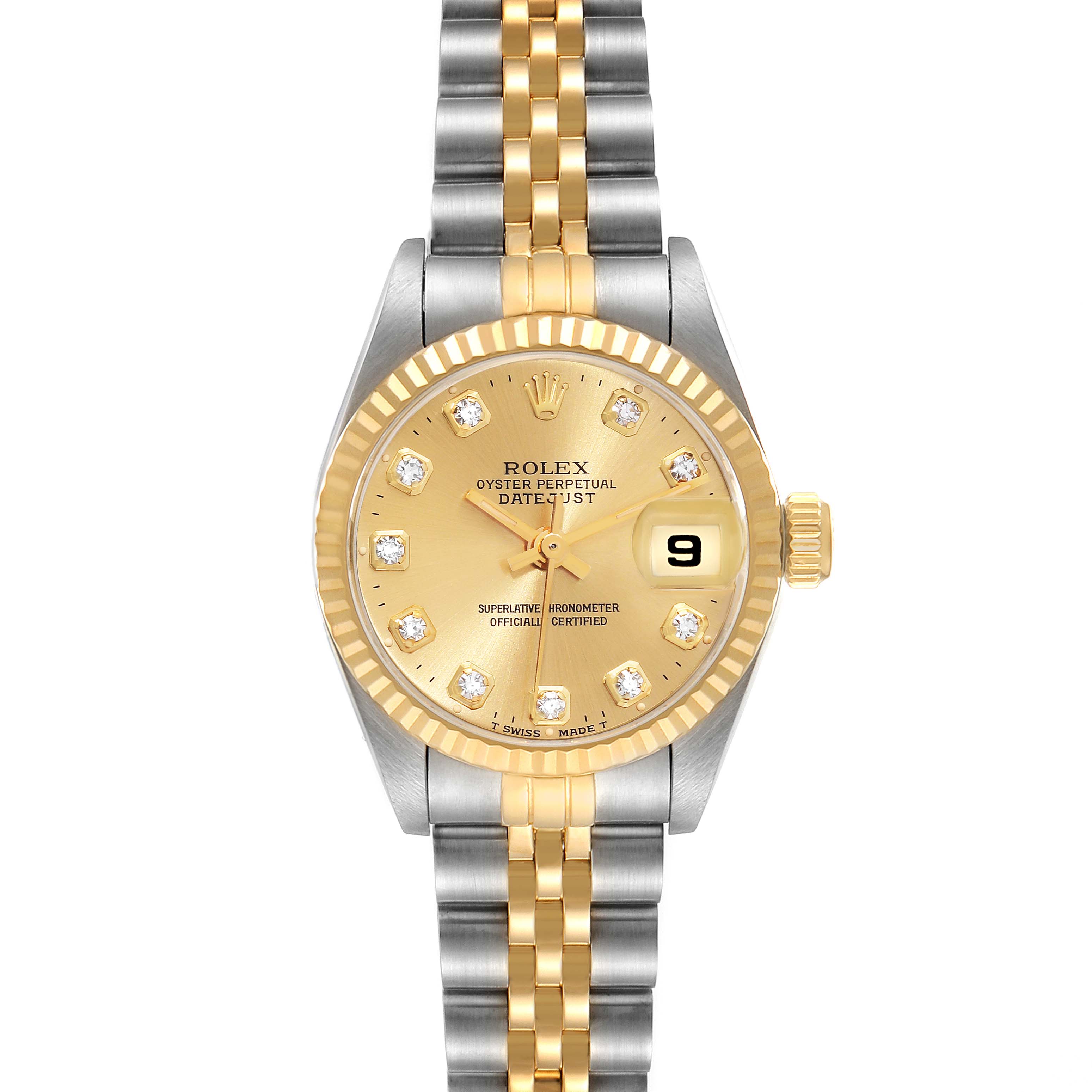The Rolex Datejust 69173 Women's Steel and Gold (two tone) Champagne Dial 69173 Women's Steel and Gold (two tone) Champagne Dial watch is shown from a top-down angle, displaying the dial, bezel, crown, and bracelet.
