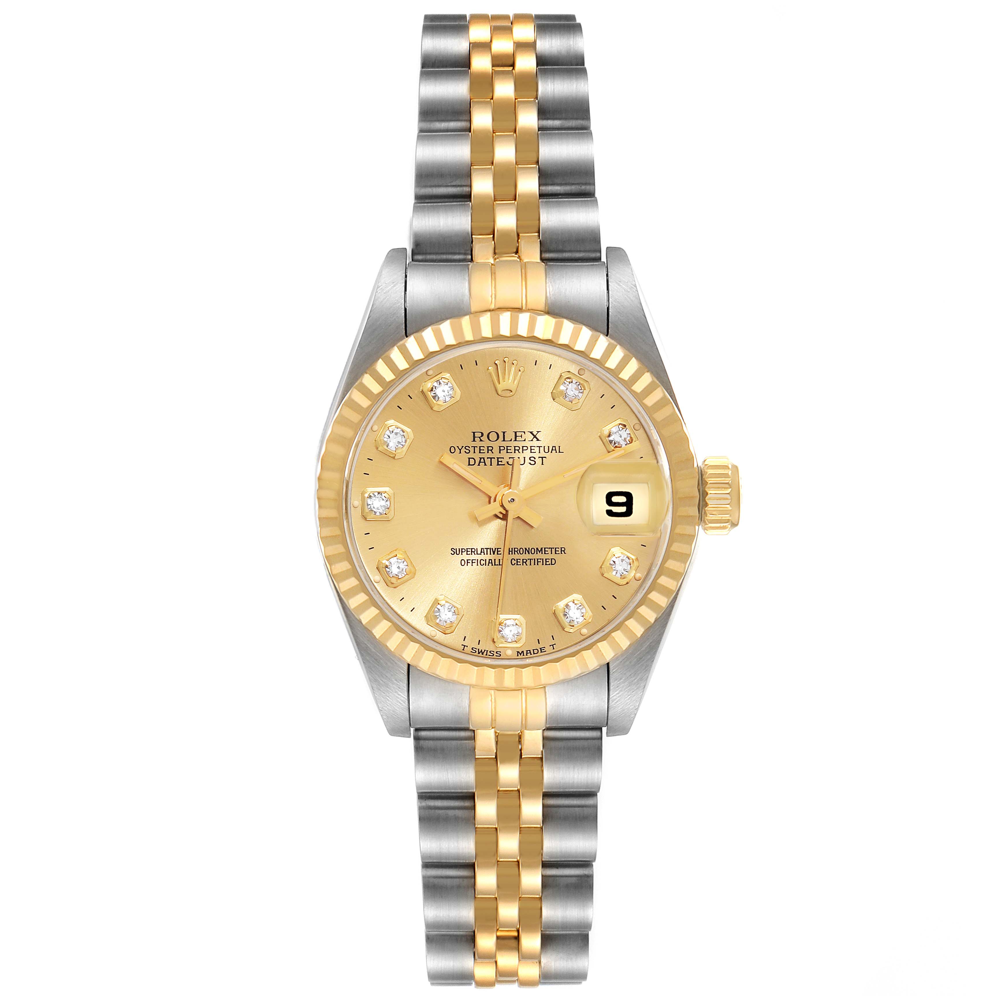 The image shows a front view of a Rolex Datejust 69173 Women's Steel and Gold (two tone) Champagne Dial 69173 Women's Steel and Gold (two tone) Champagne Dial watch, highlighting the dial, bezel, and two-tone Jubilee bracelet.