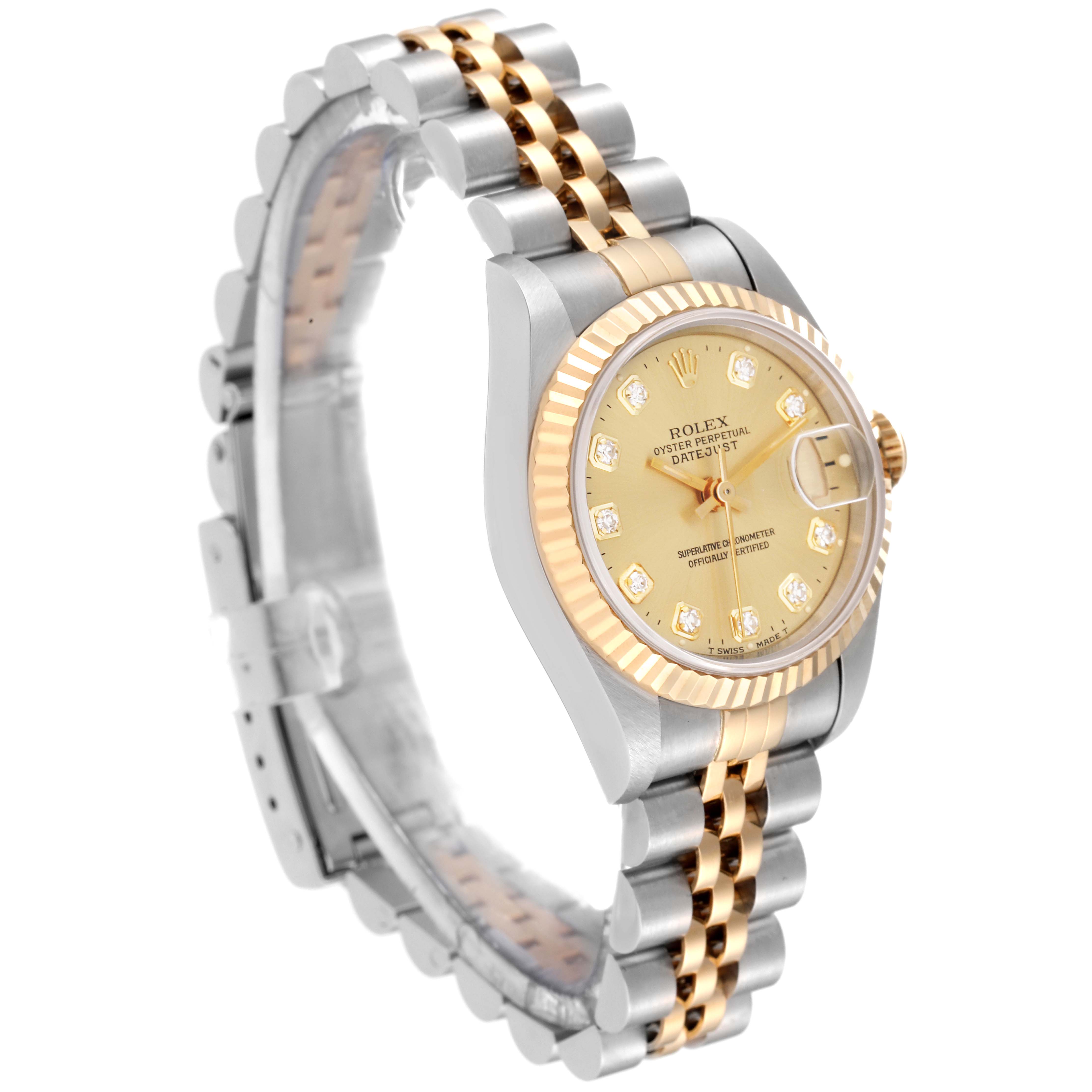 The image shows a Rolex Datejust 69173 Women's Steel and Gold (two tone) Champagne Dial 69173 Women's Steel and Gold (two tone) Champagne Dial watch from a side angle, highlighting the face, bezel, crown, and Jubilee bracelet.