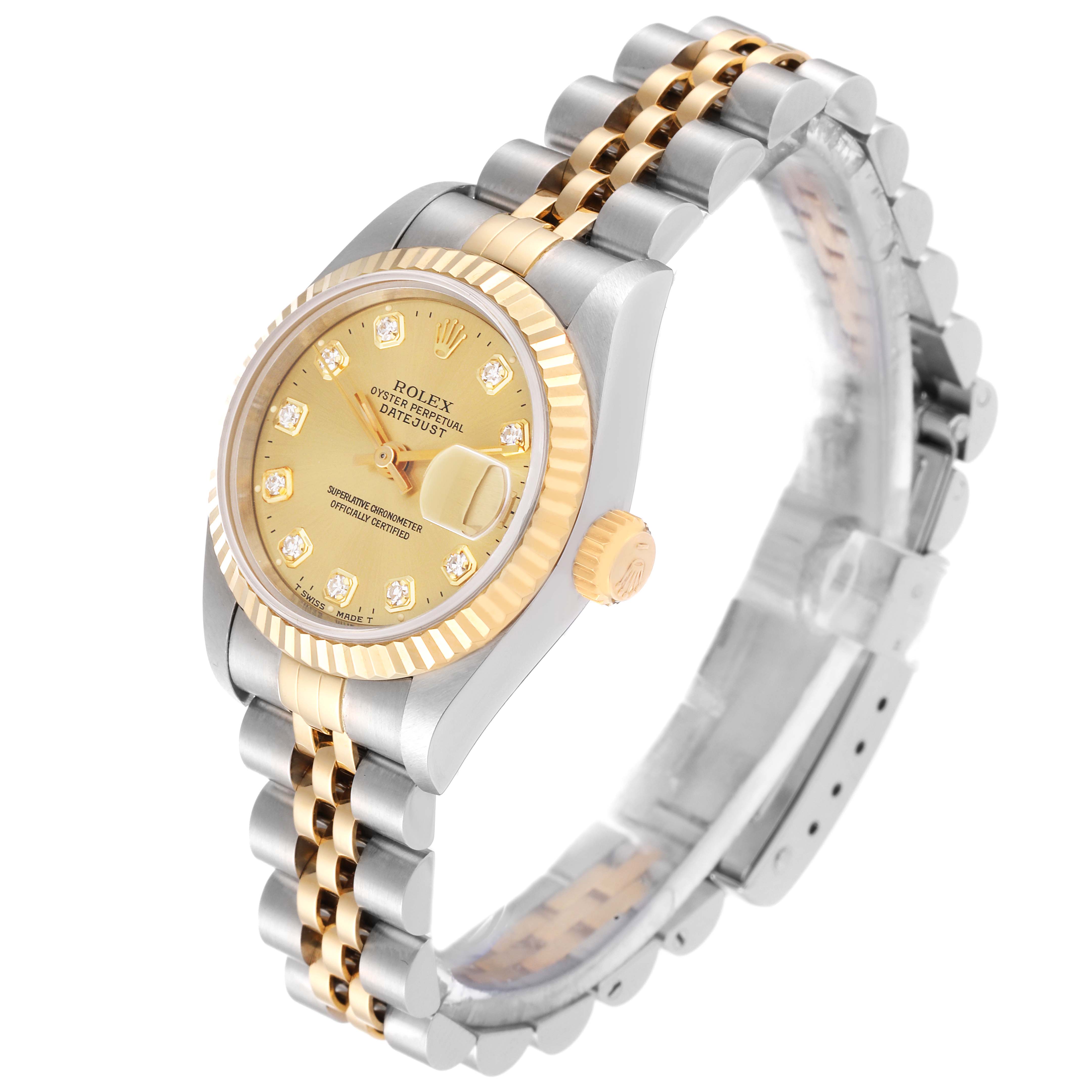 The Rolex Datejust 69173 Women's Steel and Gold (two tone) Champagne Dial 69173 Women's Steel and Gold (two tone) Champagne Dial watch is shown at an angled view, highlighting its dial, case, crown, and bracelet.