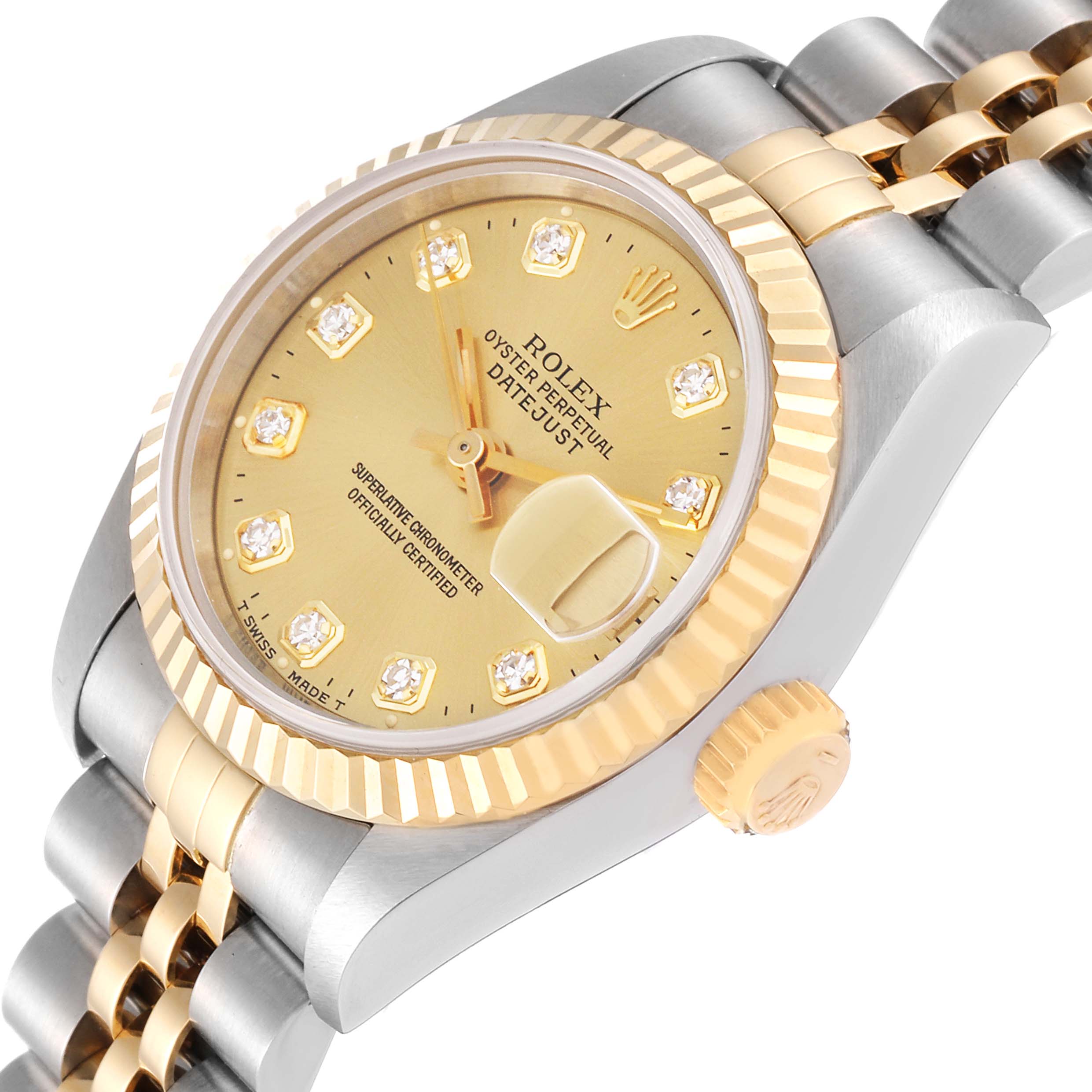 The image shows a side view of a Rolex Datejust 69173 Women's Steel and Gold (two tone) Champagne Dial 69173 Women's Steel and Gold (two tone) Champagne Dial, highlighting its gold bezel, dial, and two-tone bracelet.