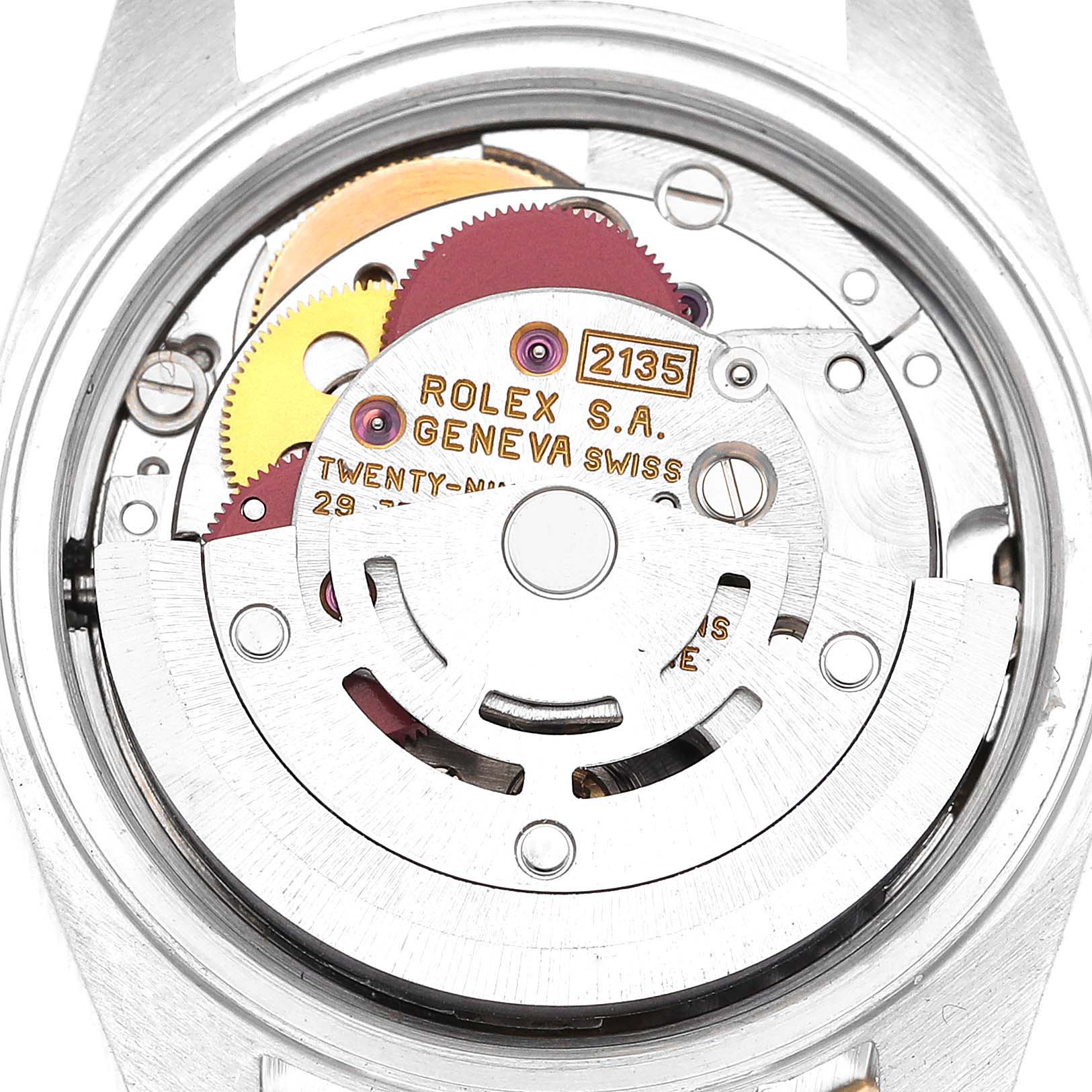 This image shows the movement and mechanism of a Rolex Datejust 69173 Women's Steel and Gold (two tone) Champagne Dial 69173 Women's Steel and Gold (two tone) Champagne Dial watch from a top-down angle.