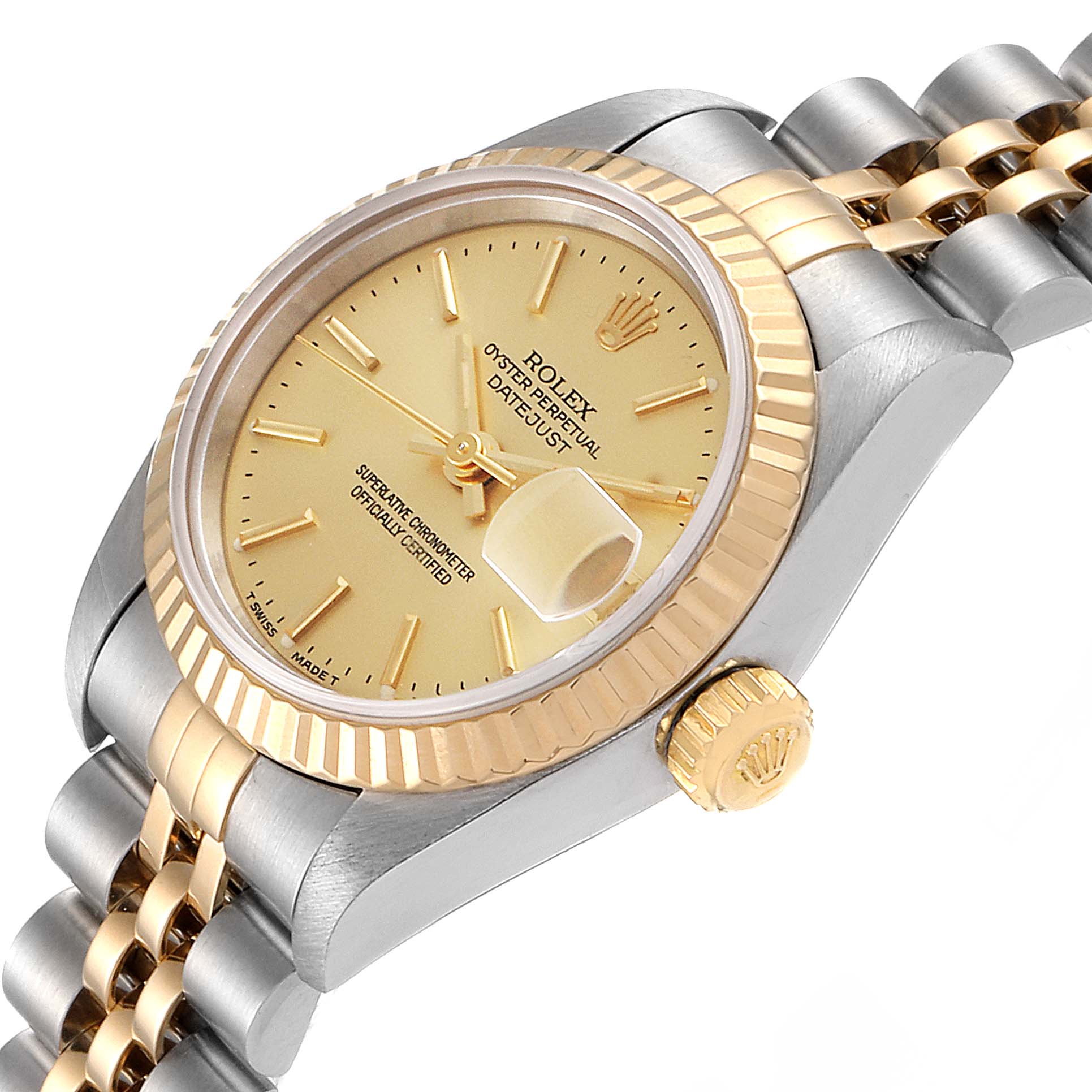 The image shows a side view of the Rolex Datejust 69173 Women
s Steel and Gold (two tone) Champagne Dial 69173 Women
s Steel and Gold (two tone) Champagne Dial watch, highlighting the dial, fluted bezel, crown, and part of the bracelet.