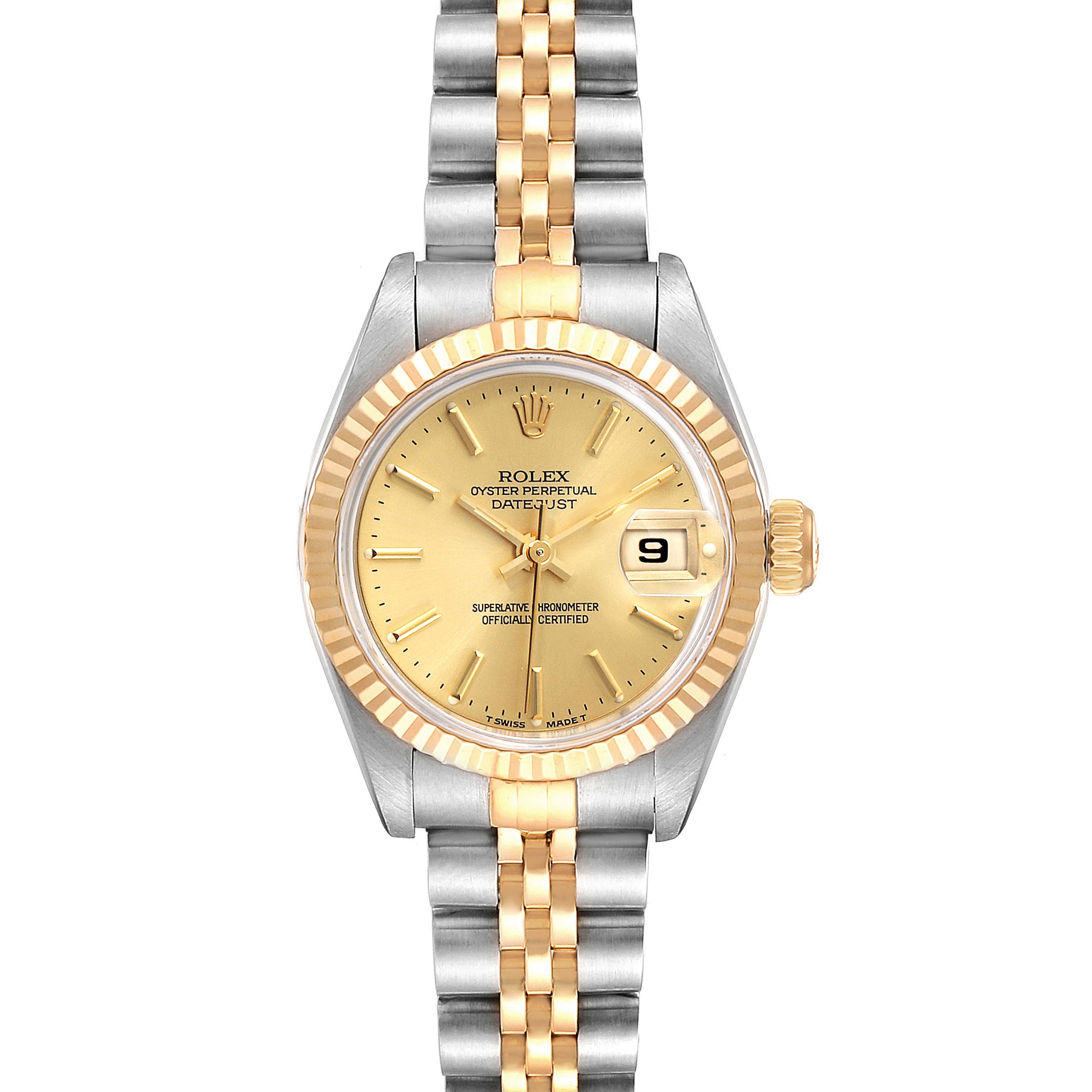 The image depicts a Rolex Datejust 69173 Women
s Steel and Gold (two tone) Champagne Dial 69173 Women
s Steel and Gold (two tone) Champagne Dial watch showing the face, bezel, and part of the jubilee bracelet from a front angle.