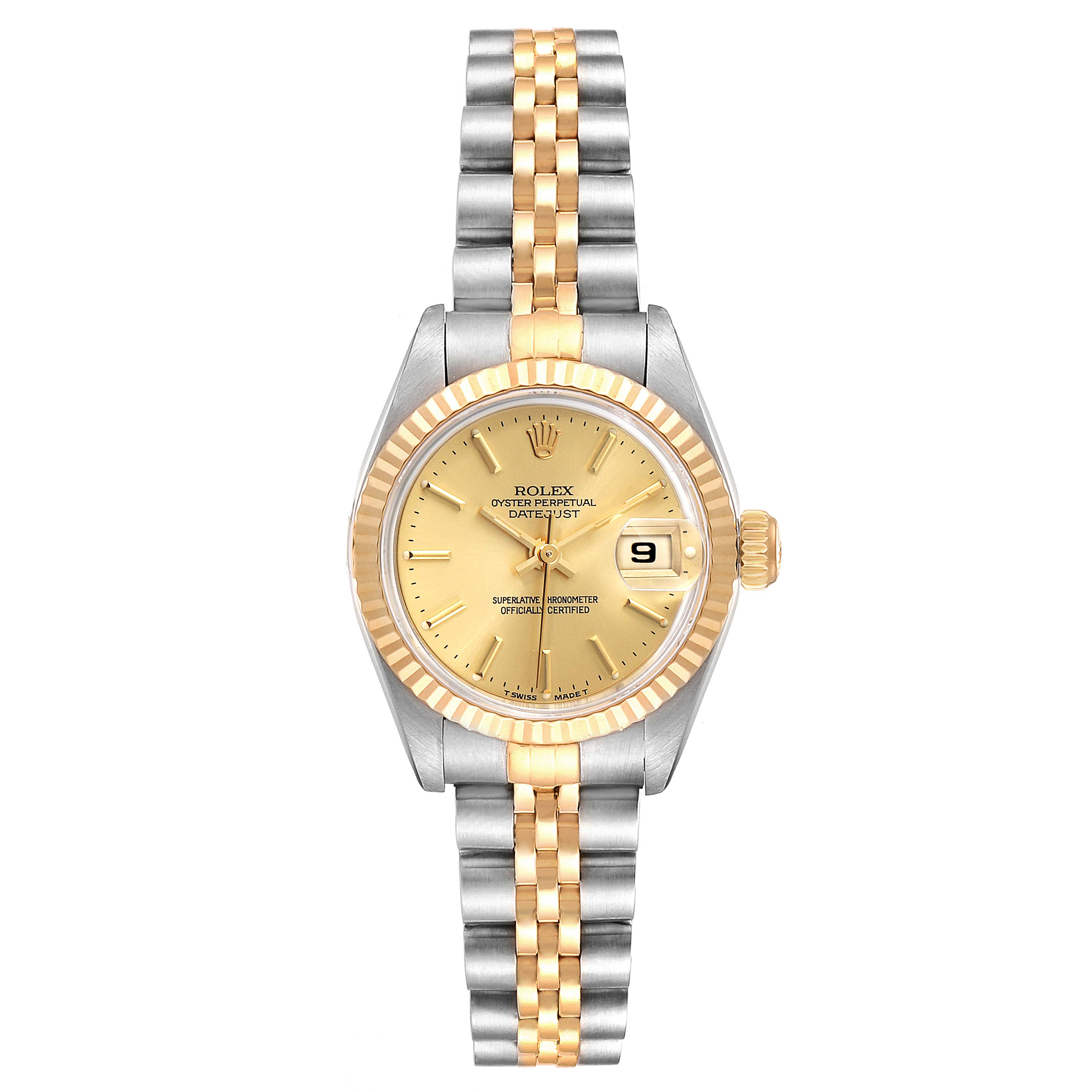 This image shows a front view of the Rolex Datejust 69173 Women
s Steel and Gold (two tone) Champagne Dial 69173 Women
s Steel and Gold (two tone) Champagne Dial watch, featuring a jubilee bracelet and gold fluted bezel.