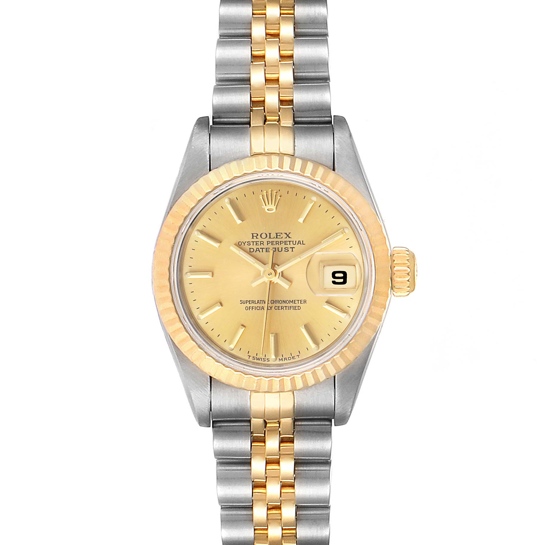 This image shows a front view of a Rolex Datejust 69173 Women's Steel and Gold (two tone) Champagne Dial 69173 Women's Steel and Gold (two tone) Champagne Dial watch, displaying its dial, bezel, crown, and bracelet.