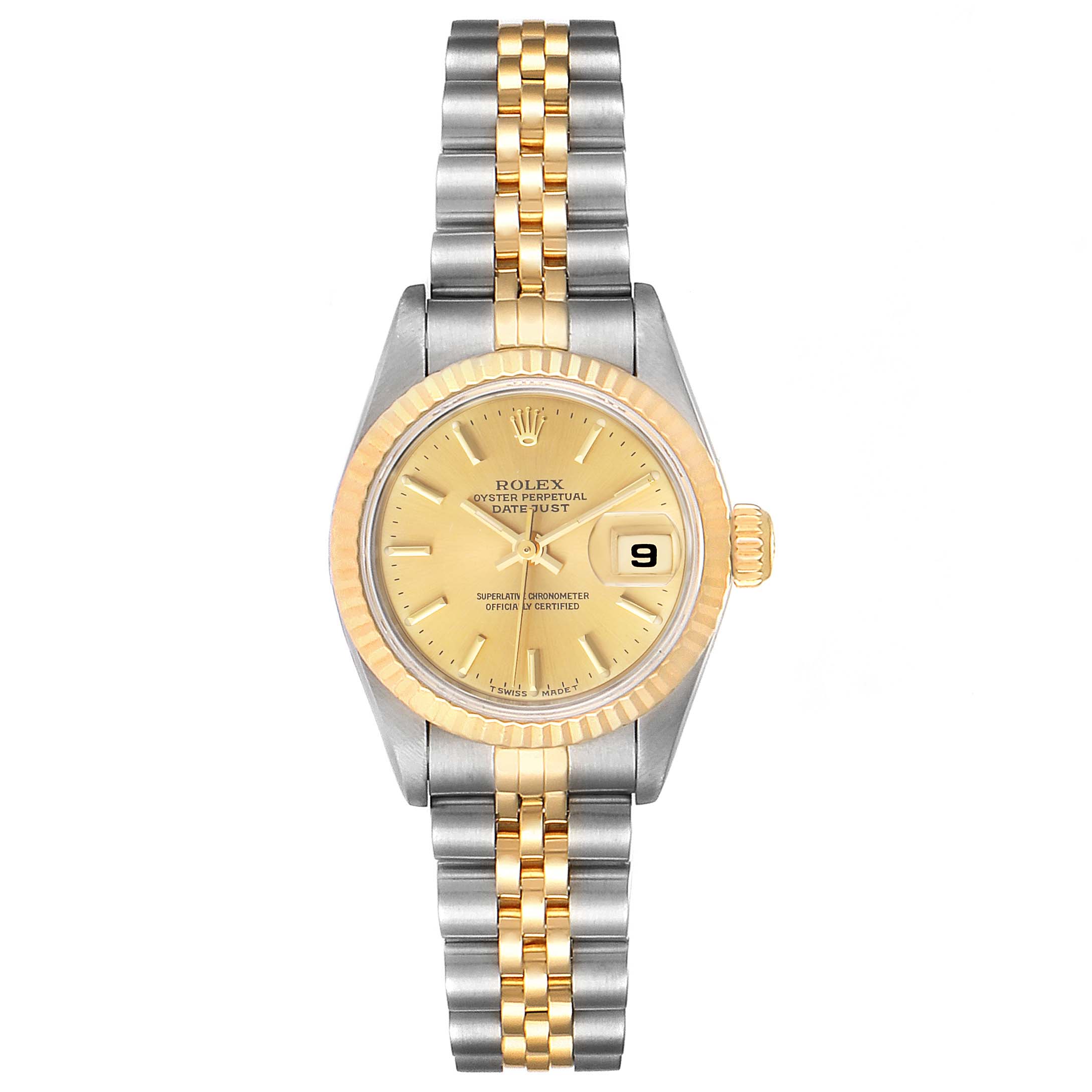 The image shows a Rolex Datejust 69173 Women's Steel and Gold (two tone) Champagne Dial 69173 Women's Steel and Gold (two tone) Champagne Dial watch captured from the front, highlighting its gold and silver bracelet, gold dial, and date display.
