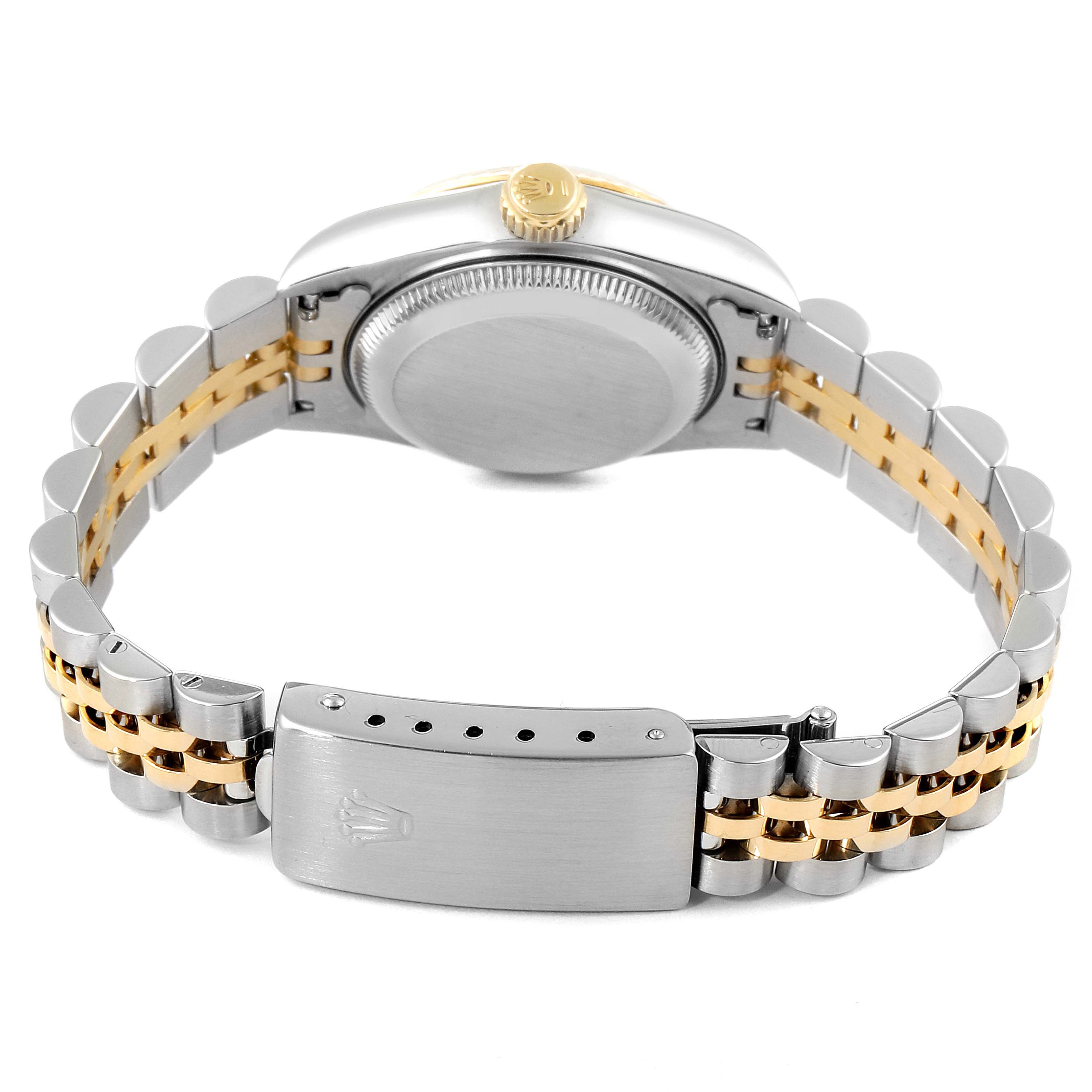 The image shows the back case and bracelet of a Rolex Datejust 69173 Women's Steel and Gold (two tone) Champagne Dial 69173 Women's Steel and Gold (two tone) Champagne Dial watch, highlighting the clasp and crown logo.