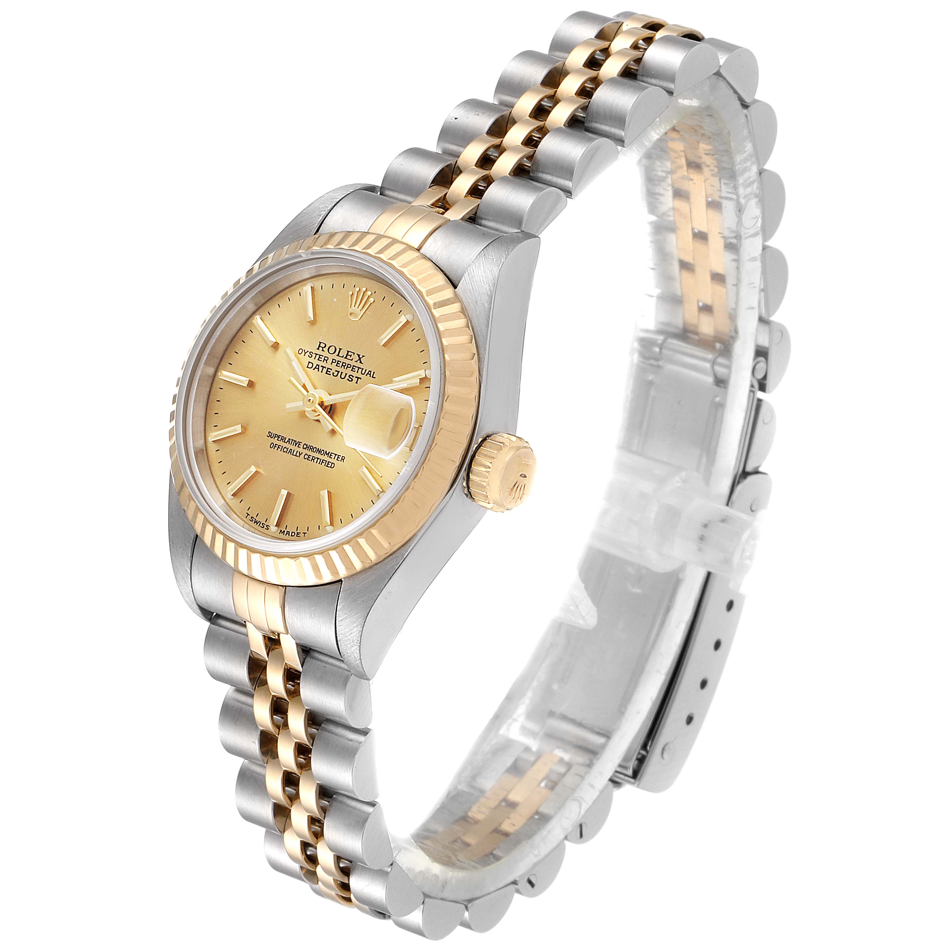 The image shows a Rolex Datejust 69173 Women's Steel and Gold (two tone) Champagne Dial 69173 Women's Steel and Gold (two tone) Champagne Dial watch at a three-quarter angle highlighting the watch face, bezel, and two-tone bracelet.