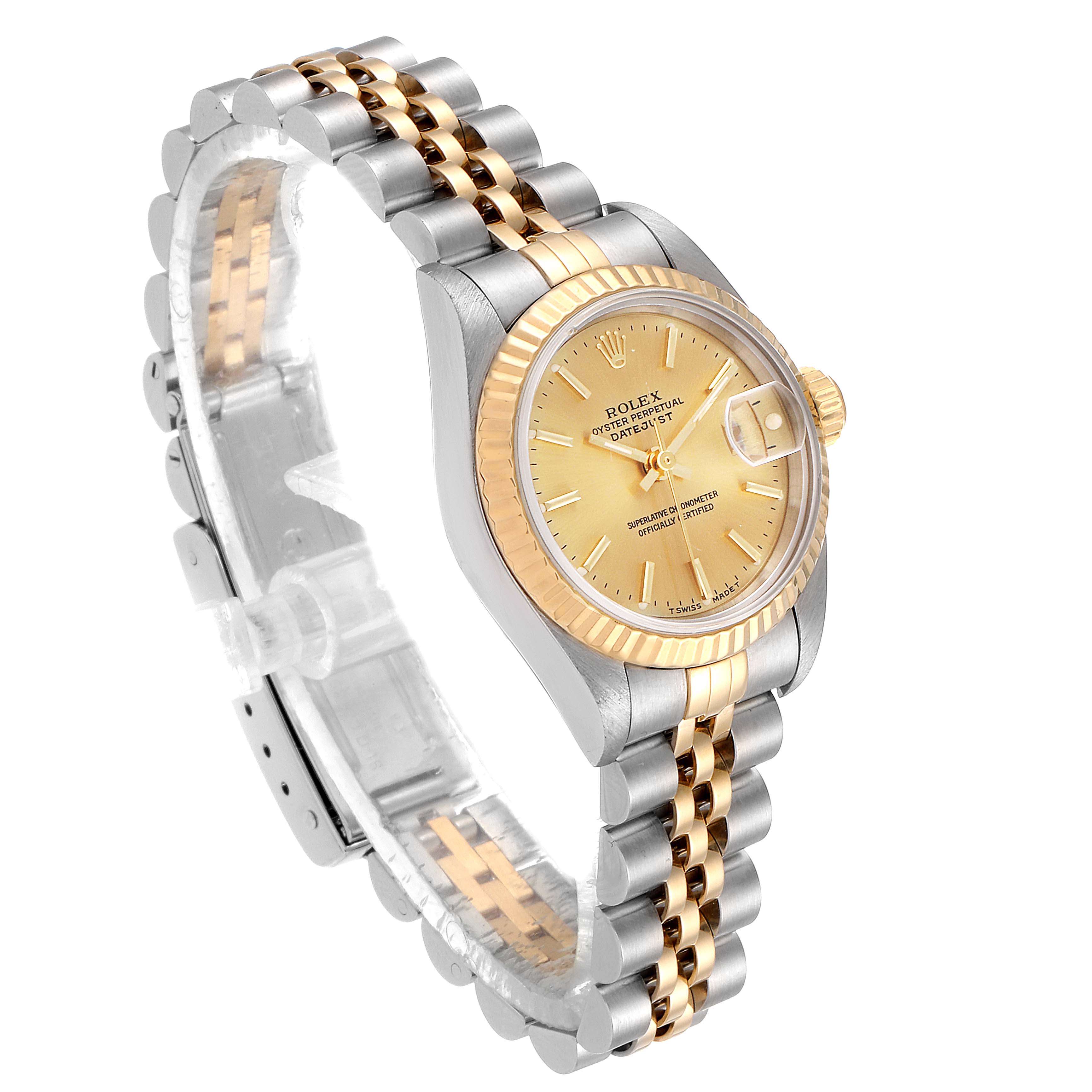The Rolex Datejust 69173 Women's Steel and Gold (two tone) Champagne Dial 69173 Women's Steel and Gold (two tone) Champagne Dial watch is shown in a three-quarter angle, highlighting the gold and silver two-tone bracelet and dial.