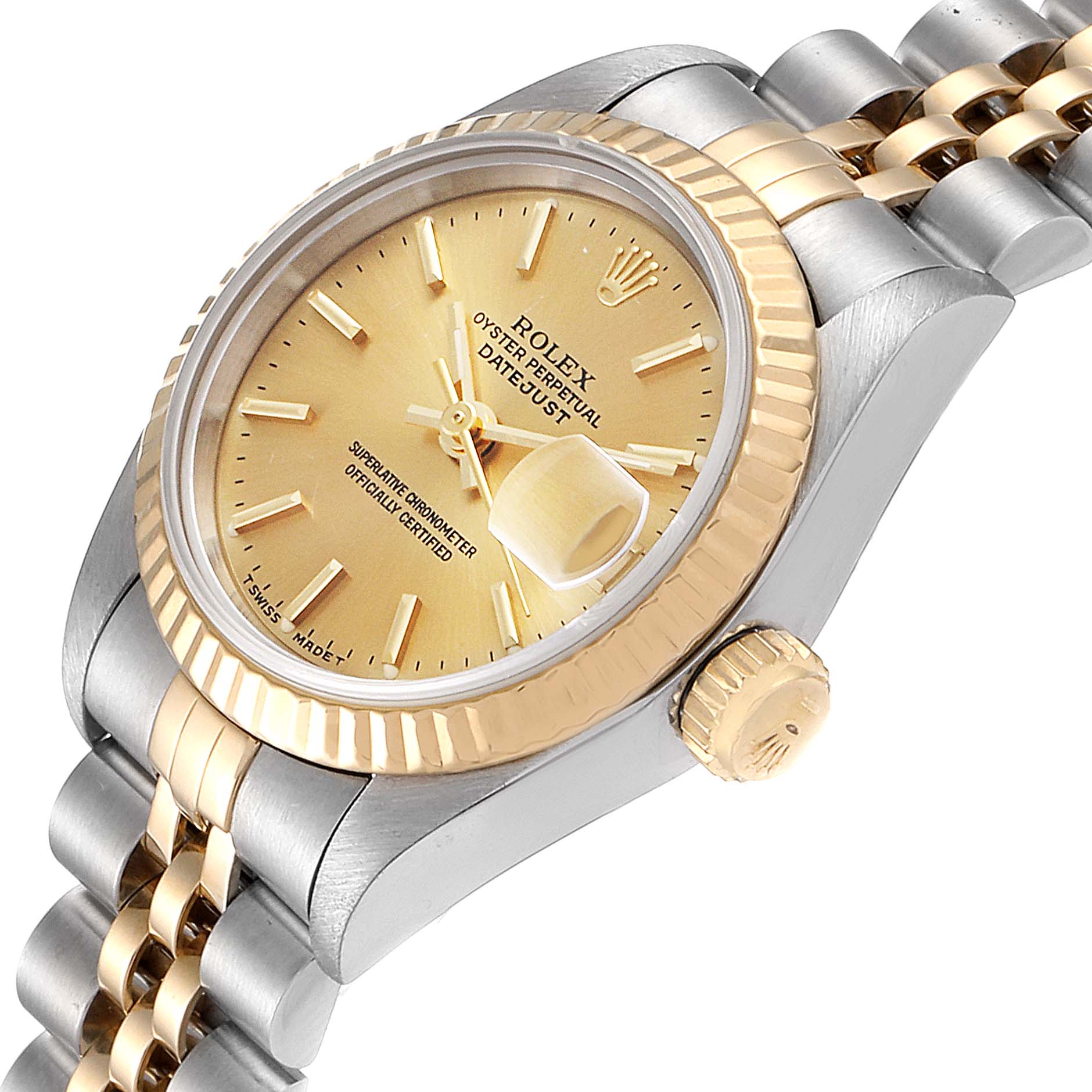 The Rolex Datejust 69173 Women's Steel and Gold (two tone) Champagne Dial 69173 Women's Steel and Gold (two tone) Champagne Dial watch is shown at an angled view highlighting the dial, bezel, crown, and part of the two-tone bracelet.