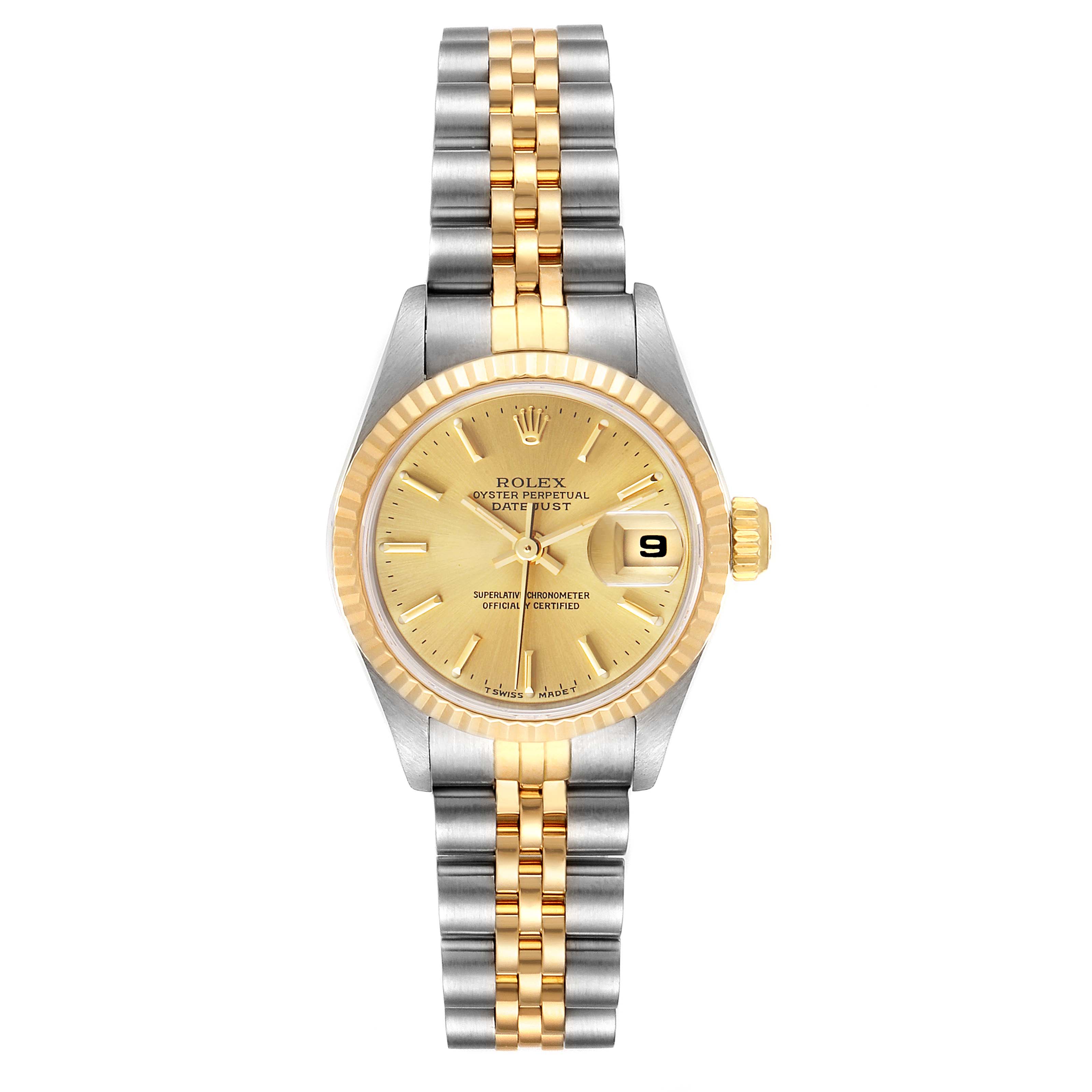 This Rolex Datejust 69173 Women
s Steel and Gold (two tone) Champagne Dial 69173 Women
s Steel and Gold (two tone) Champagne Dial watch is shown in a front view, highlighting its dial, bezel, and Jubilee bracelet.
