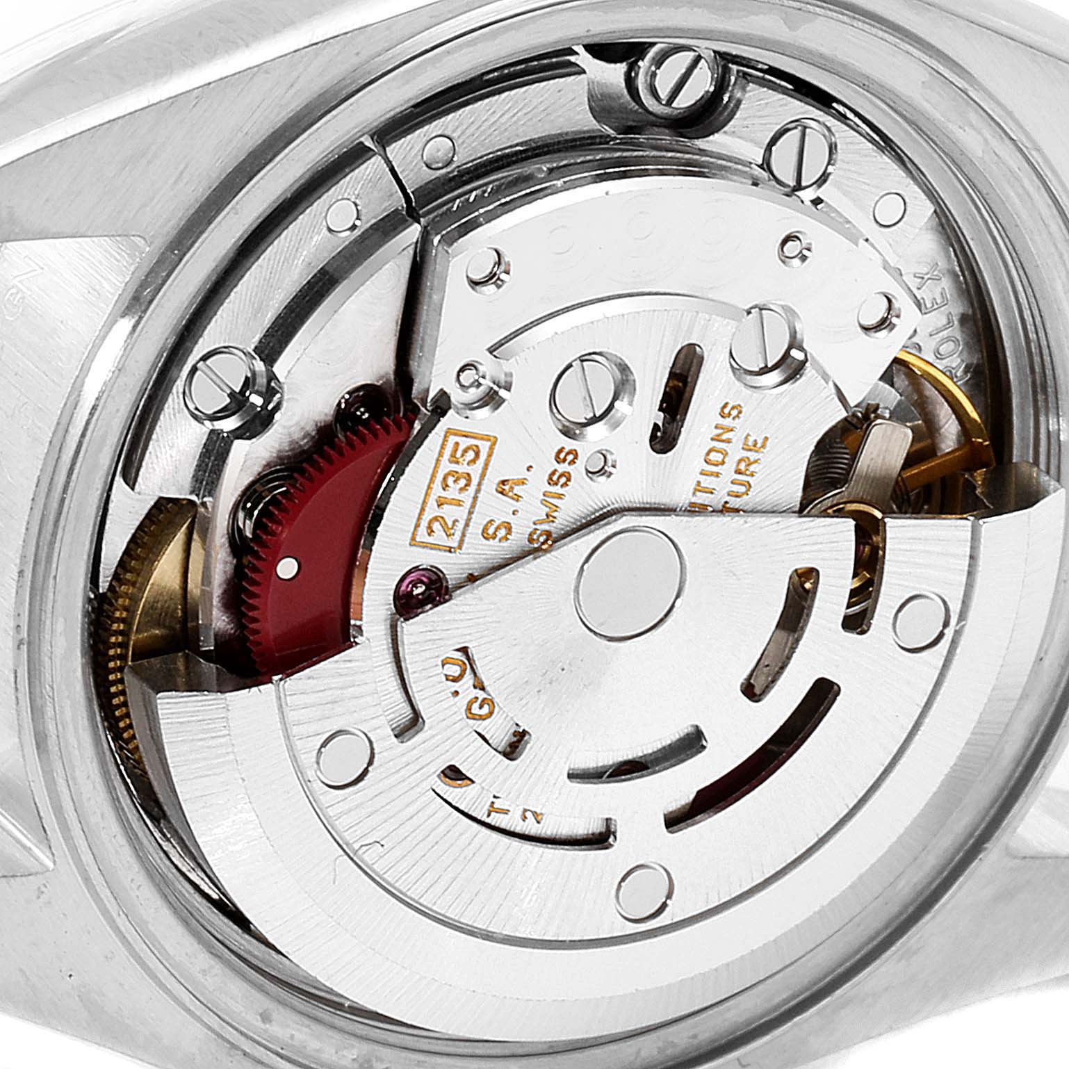 The image shows the internal movement mechanism of a Rolex Datejust 69173 Women
s Steel and Gold (two tone) Champagne Dial 69173 Women
s Steel and Gold (two tone) Champagne Dial watch from a close-up angle.