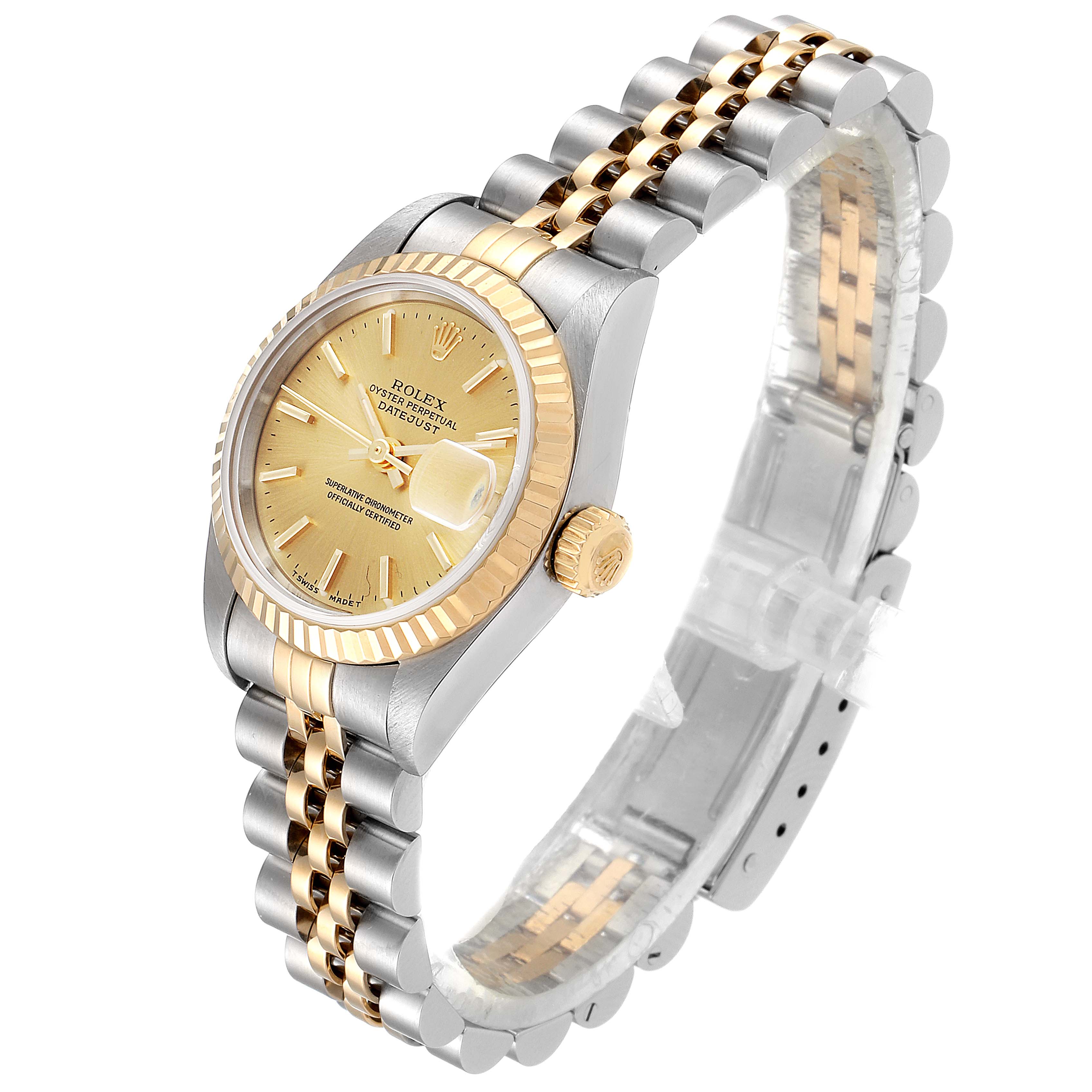 The image shows a Rolex Datejust 69173 Women
s Steel and Gold (two tone) Champagne Dial 69173 Women
s Steel and Gold (two tone) Champagne Dial watch at an angled side view, featuring its gold and silver bracelet and detailed dial.