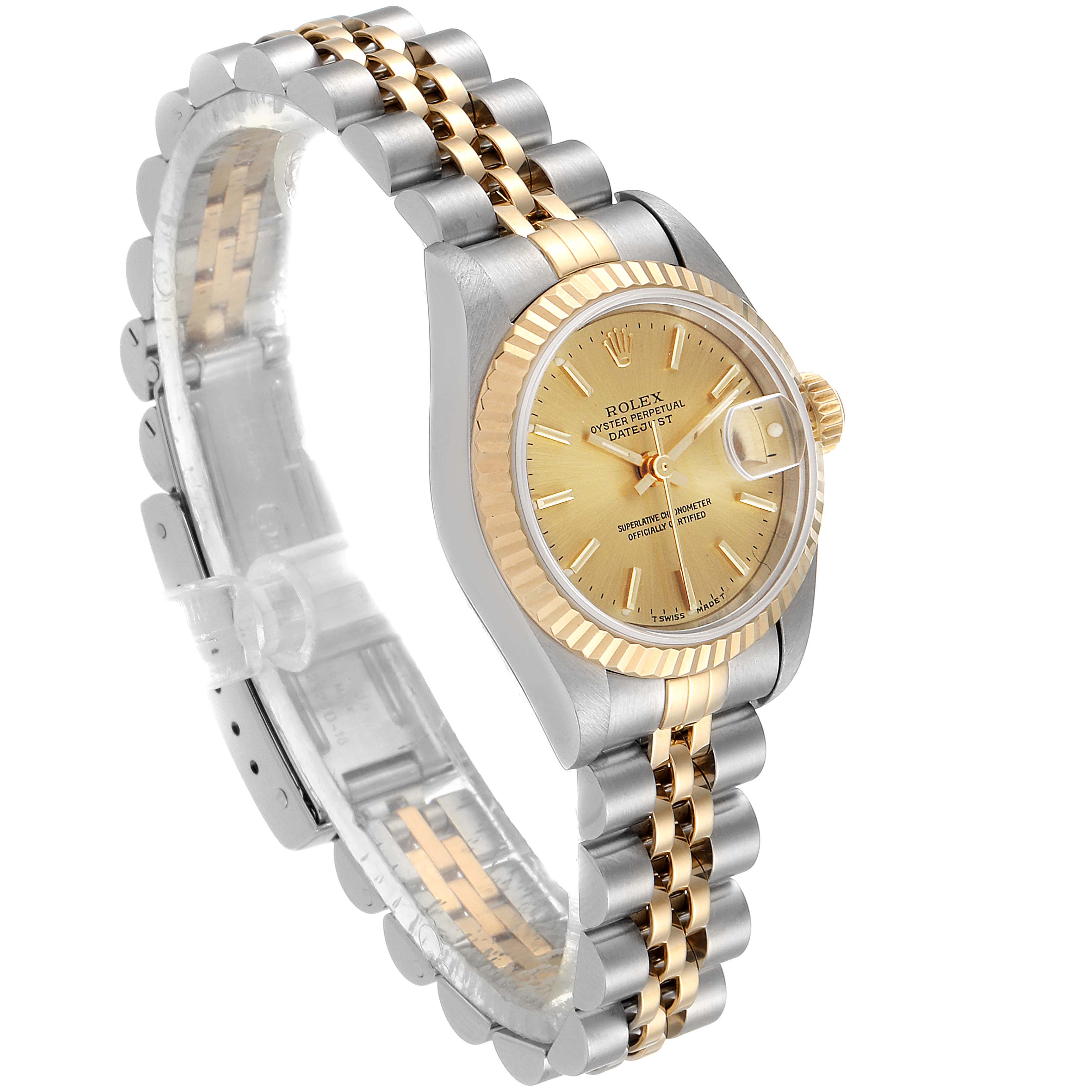 This image shows a Rolex Datejust 69173 Women
s Steel and Gold (two tone) Champagne Dial 69173 Women
s Steel and Gold (two tone) Champagne Dial watch with a two-tone gold and silver jubilee bracelet from an angled side view.