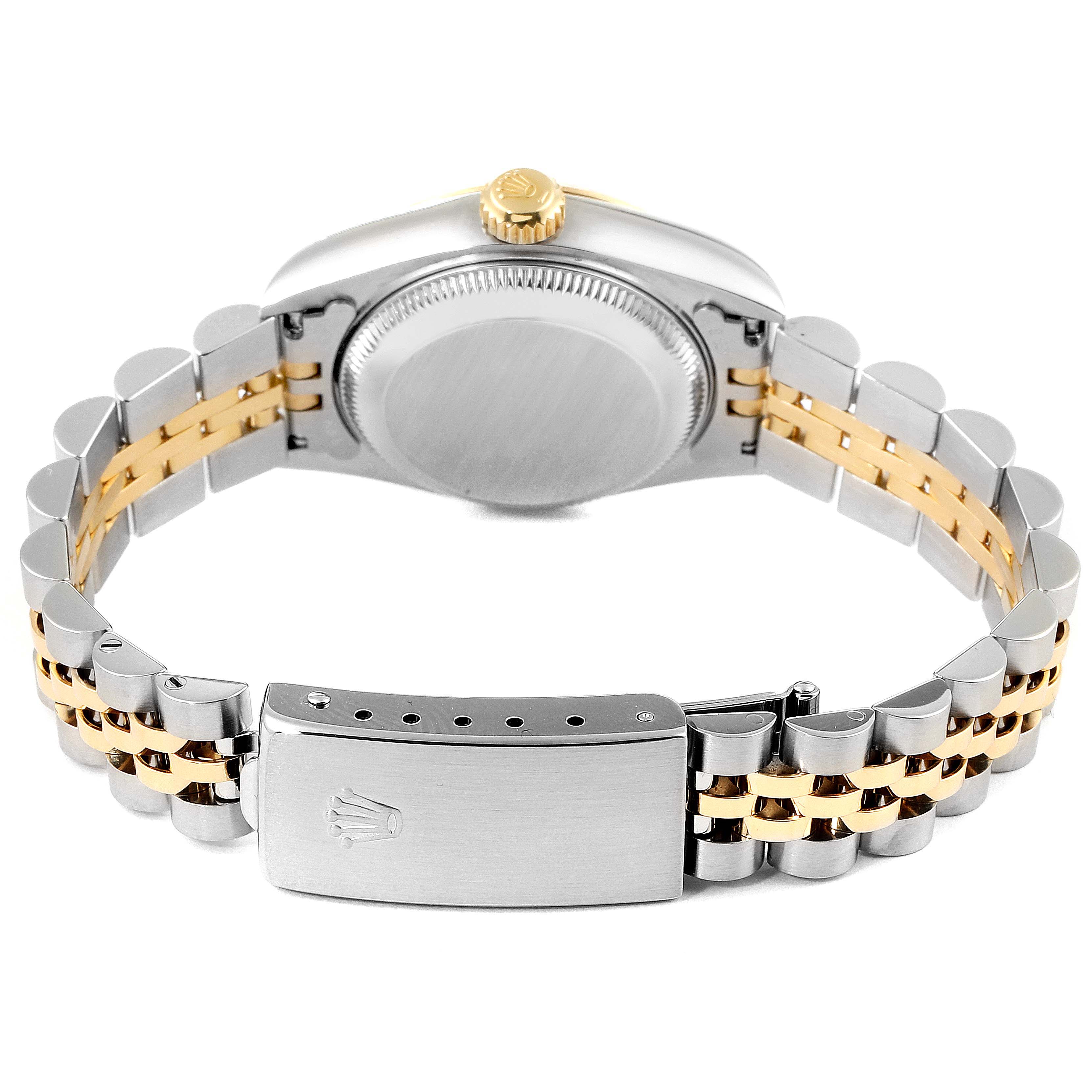 This image shows the back view of a Rolex Datejust 69173 Women
s Steel and Gold (two tone) Champagne Dial 69173 Women
s Steel and Gold (two tone) Champagne Dial watch, highlighting its two-tone bracelet and clasp.