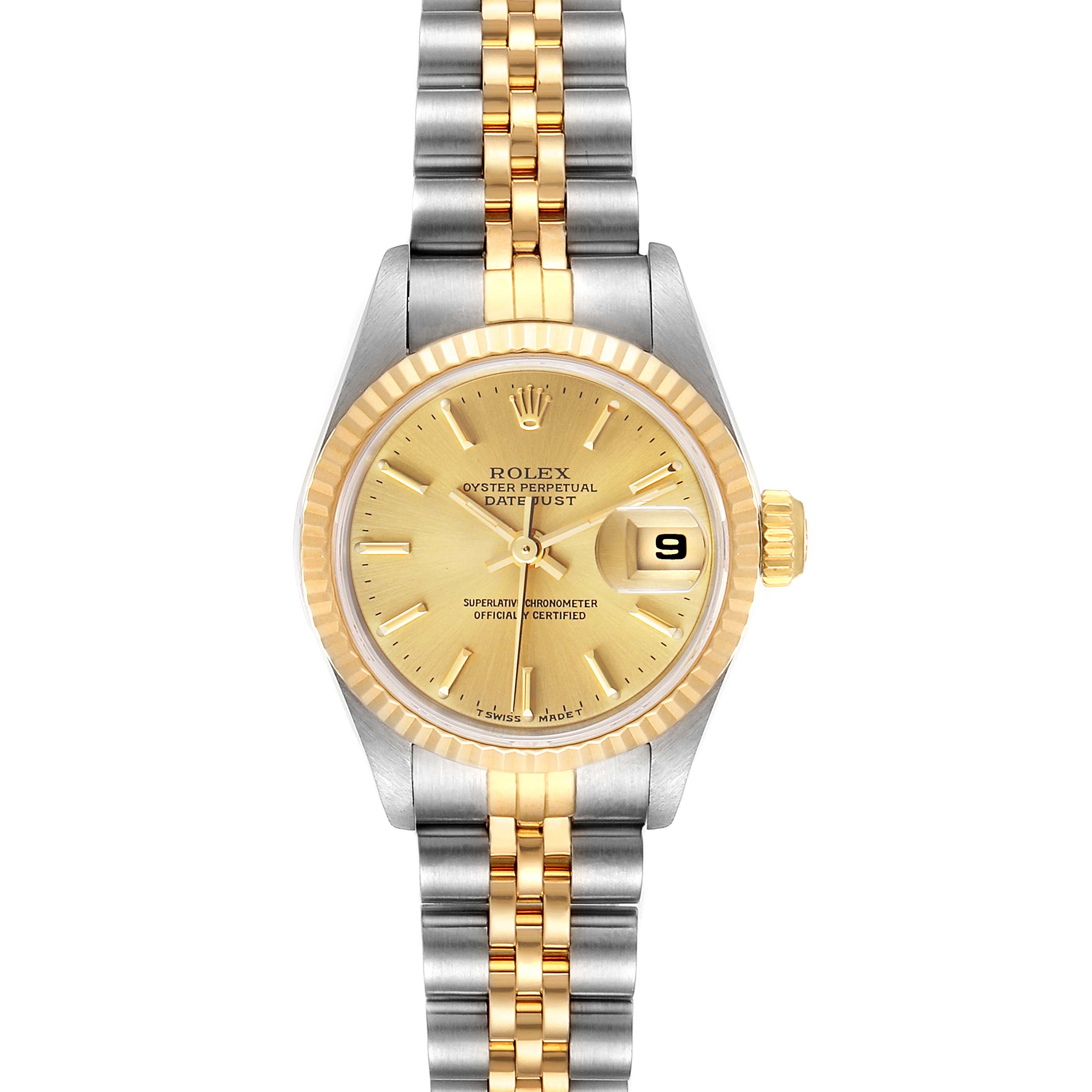 This image shows a front view of a Rolex Datejust 69173 Women
s Steel and Gold (two tone) Champagne Dial 69173 Women
s Steel and Gold (two tone) Champagne Dial watch featuring a gold dial, fluted bezel, and a two-tone Jubilee bracelet.