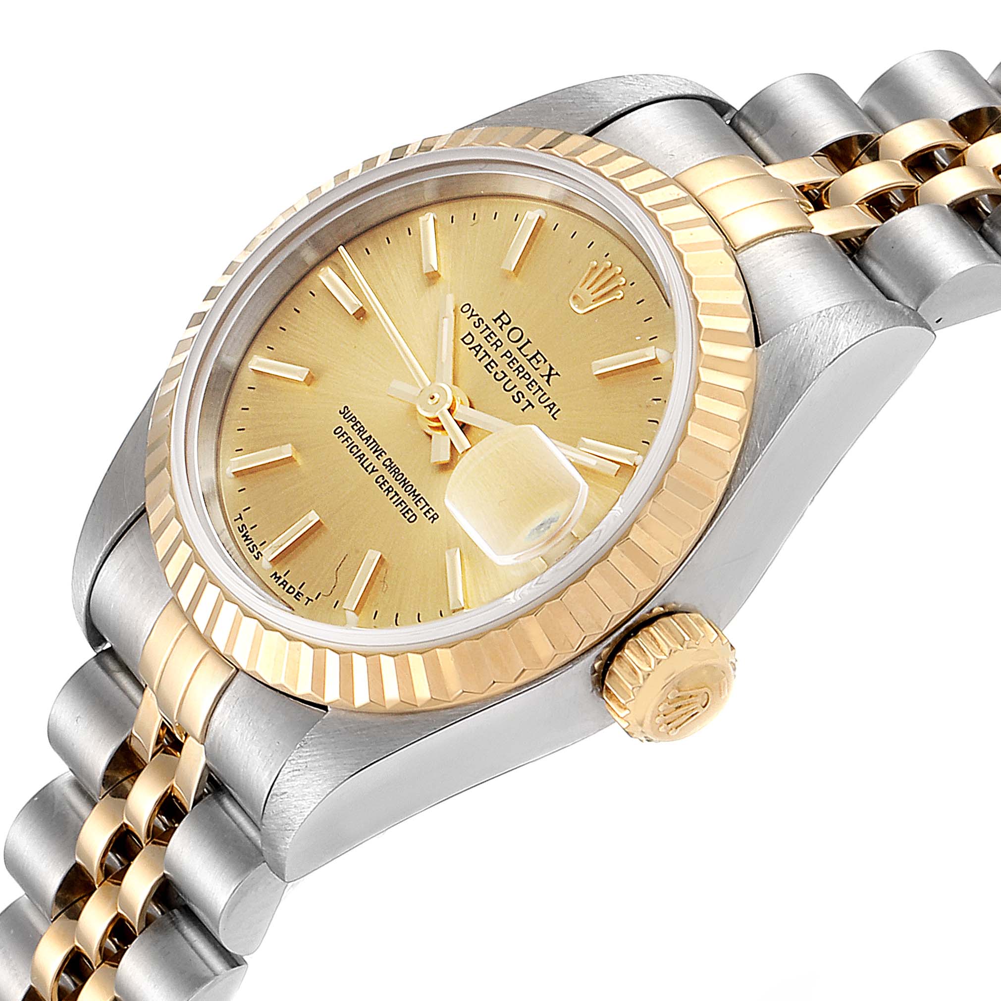 The Rolex Datejust 69173 Women
s Steel and Gold (two tone) Champagne Dial 69173 Women
s Steel and Gold (two tone) Champagne Dial watch is shown at an angle highlighting the dial, bezel, crown, and Jubilee bracelet.