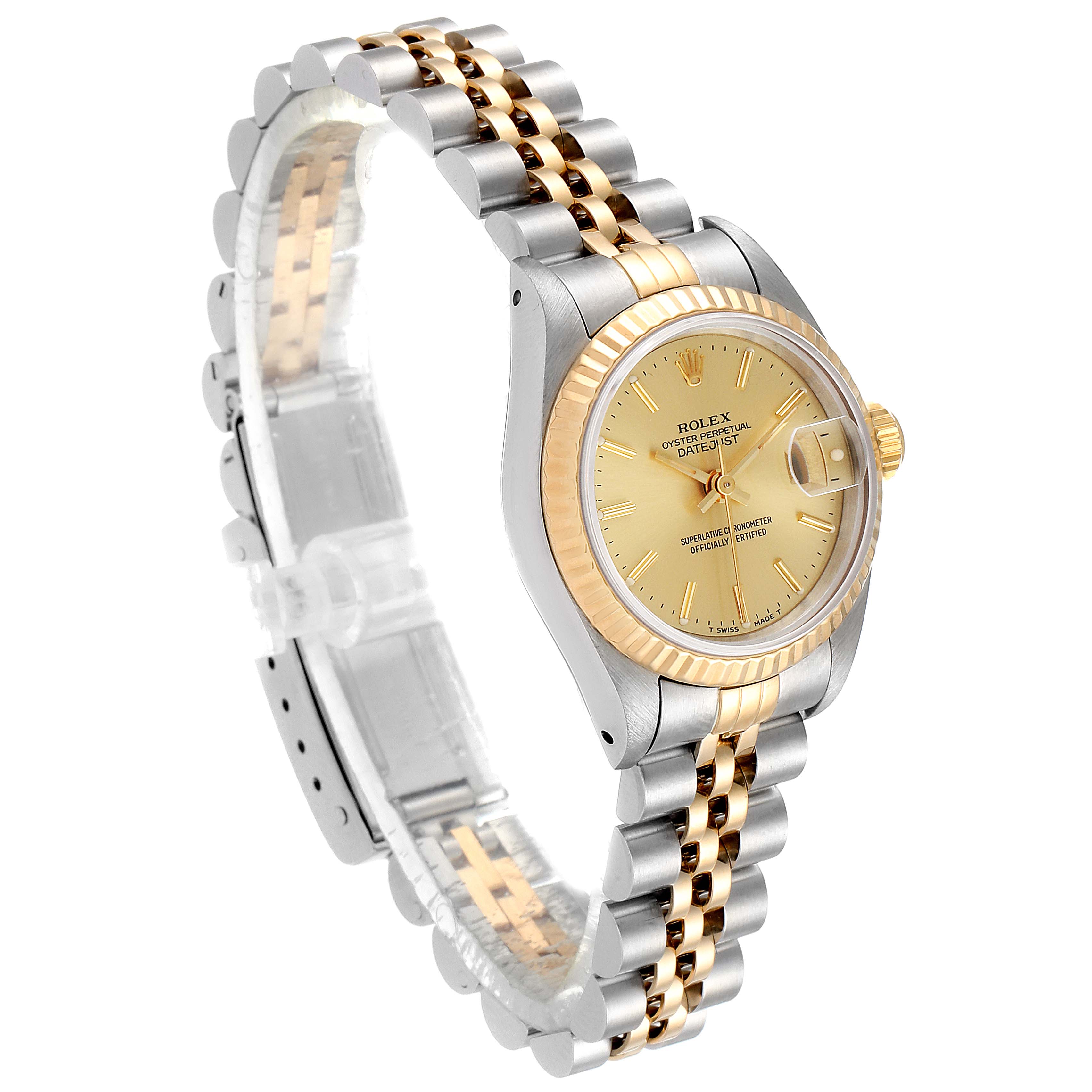 The image shows a Rolex Datejust 69173 Women
s Steel and Gold (two tone) Champagne Dial 69173 Women
s Steel and Gold (two tone) Champagne Dial watch at a side angle, highlighting the two-tone bracelet and gold dial.