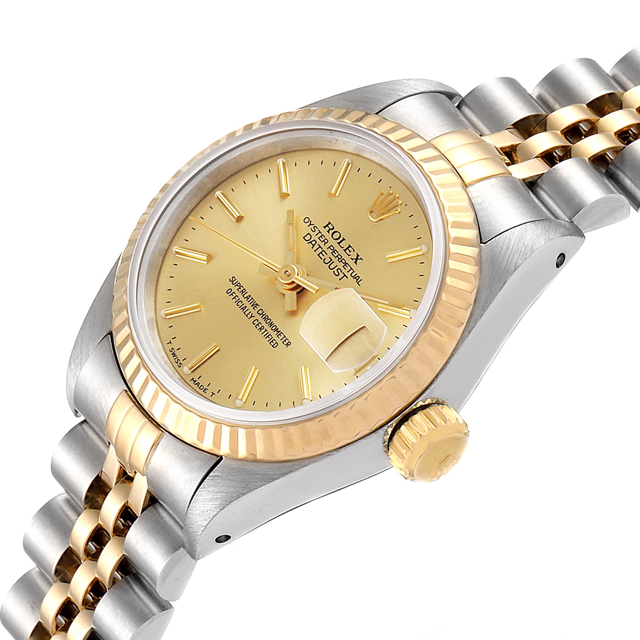 This image shows a Rolex Datejust 69173 Women
s Steel and Gold (two tone) Champagne Dial 69173 Women
s Steel and Gold (two tone) Champagne Dial watch at a three-quarter angle, highlighting the dial, bezel, crown, and part of the bracelet.