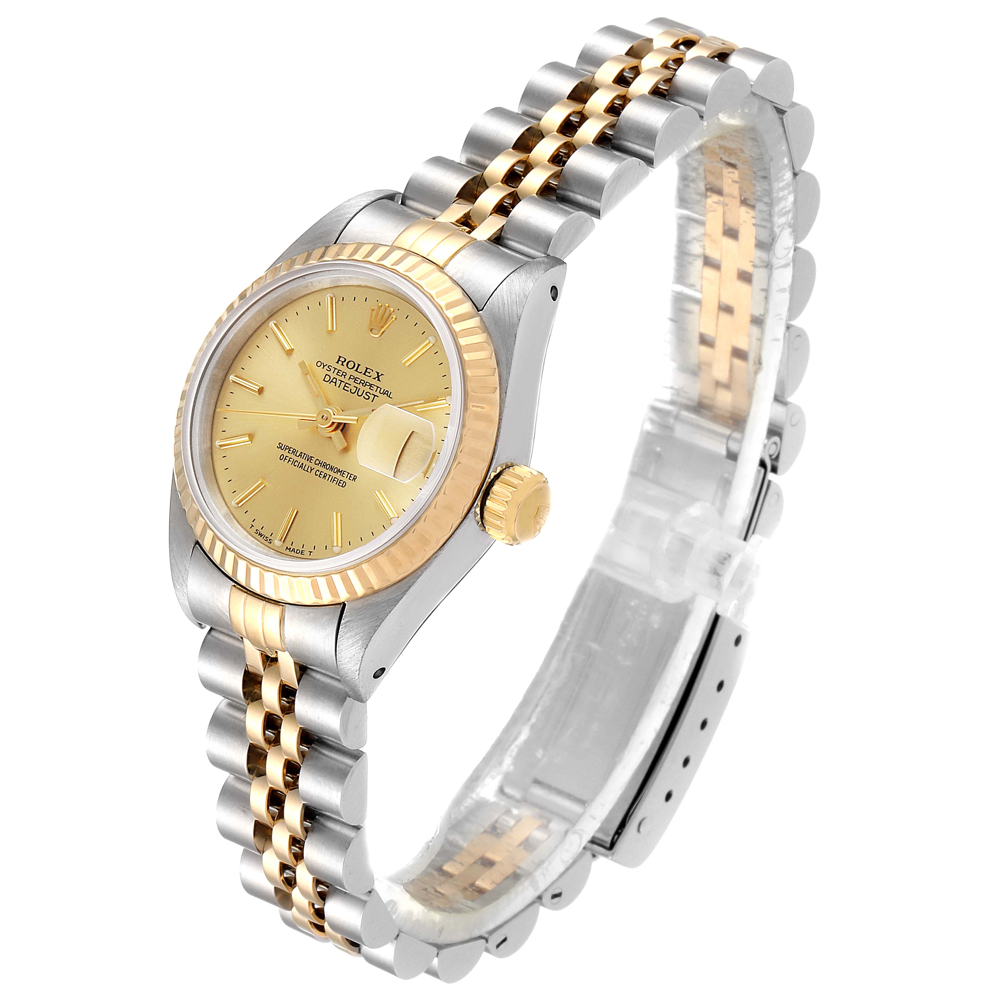 The Rolex Datejust 69173 Women
s Steel and Gold (two tone) Champagne Dial 69173 Women
s Steel and Gold (two tone) Champagne Dial watch is shown at a slight angle, displaying the dial, bezel, crown, and two-tone bracelet.