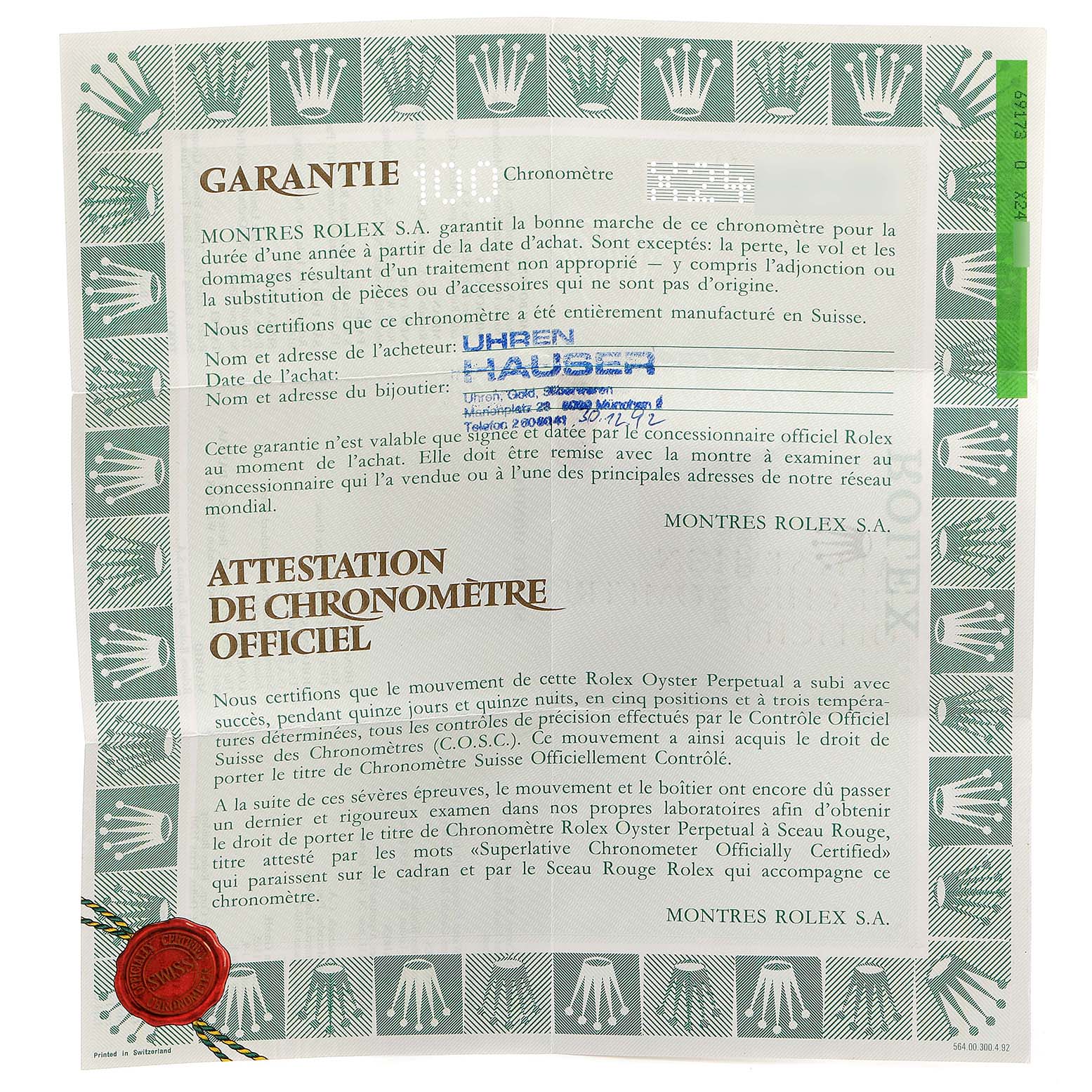 The image shows the warranty and chronometer certificate for the Datejust model by Rolex.