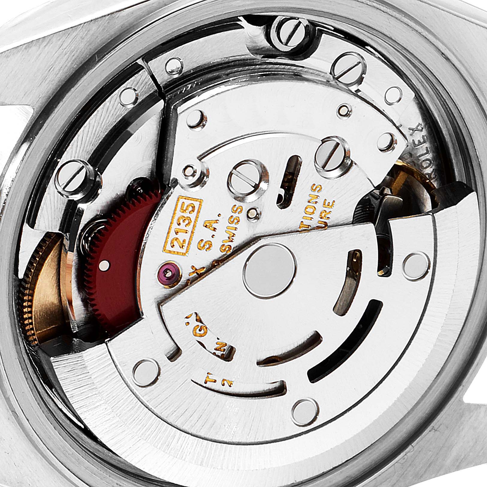 This image shows an angled close-up of the movement mechanism inside a Rolex Datejust 69173 Women
s Steel and Gold (two tone) Champagne Dial 69173 Women
s Steel and Gold (two tone) Champagne Dial watch.