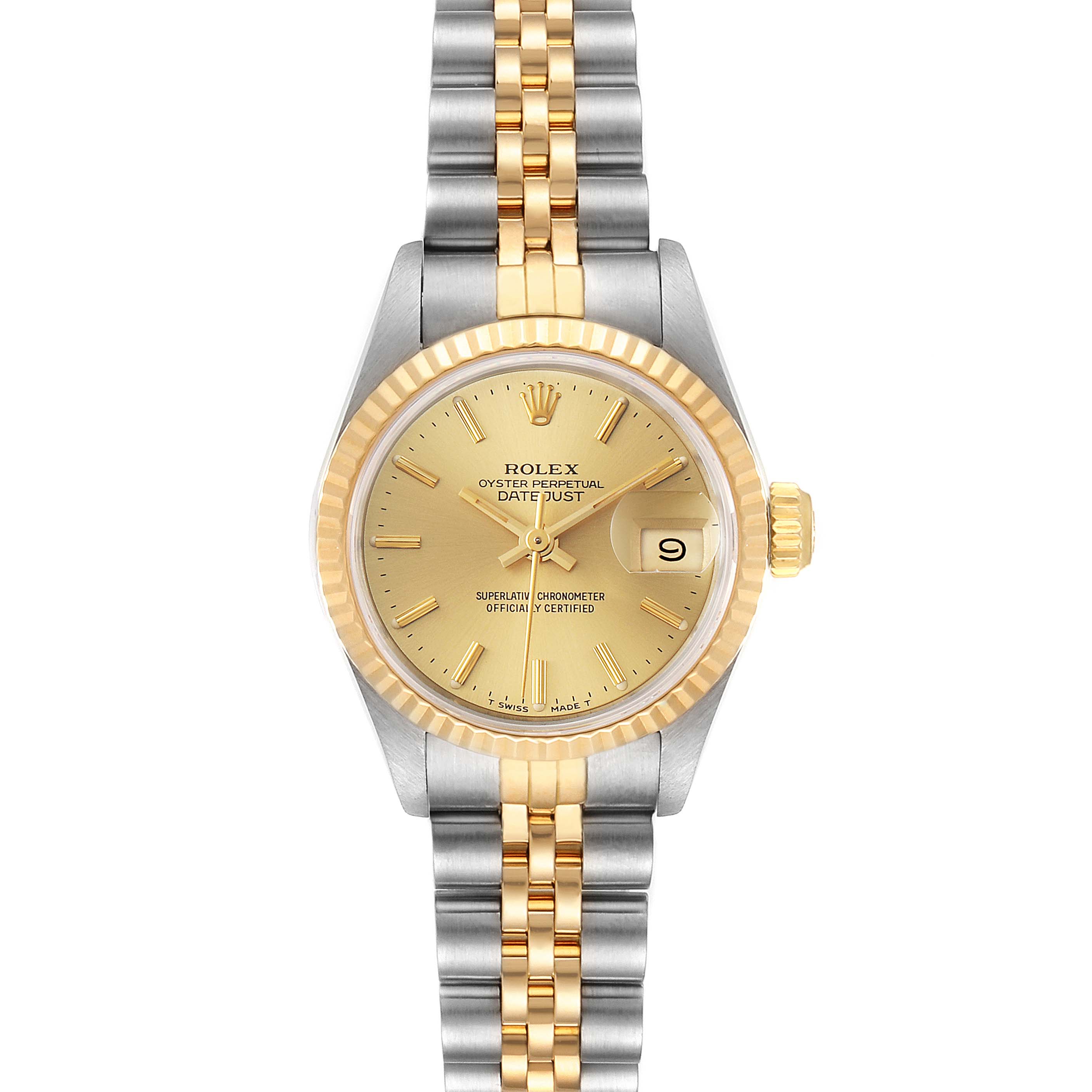 This image shows a front view of the Rolex Datejust 69173 Women
s Steel and Gold (two tone) Champagne Dial 69173 Women
s Steel and Gold (two tone) Champagne Dial watch, displaying the dial, bezel, crown, and two-tone Jubilee bracelet.