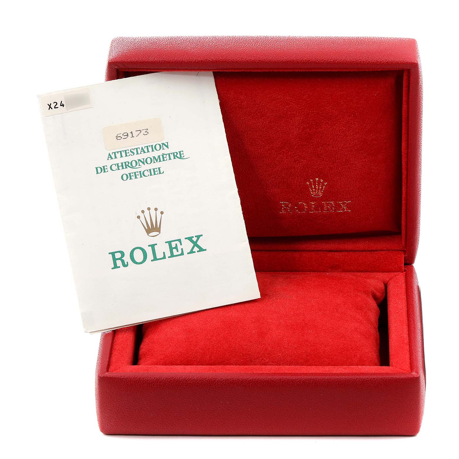 The image shows a red Rolex watch box with a certification booklet for the Rolex Datejust 69173 Women
s Steel and Gold (two tone) Champagne Dial 69173 Women
s Steel and Gold (two tone) Champagne Dial model.
