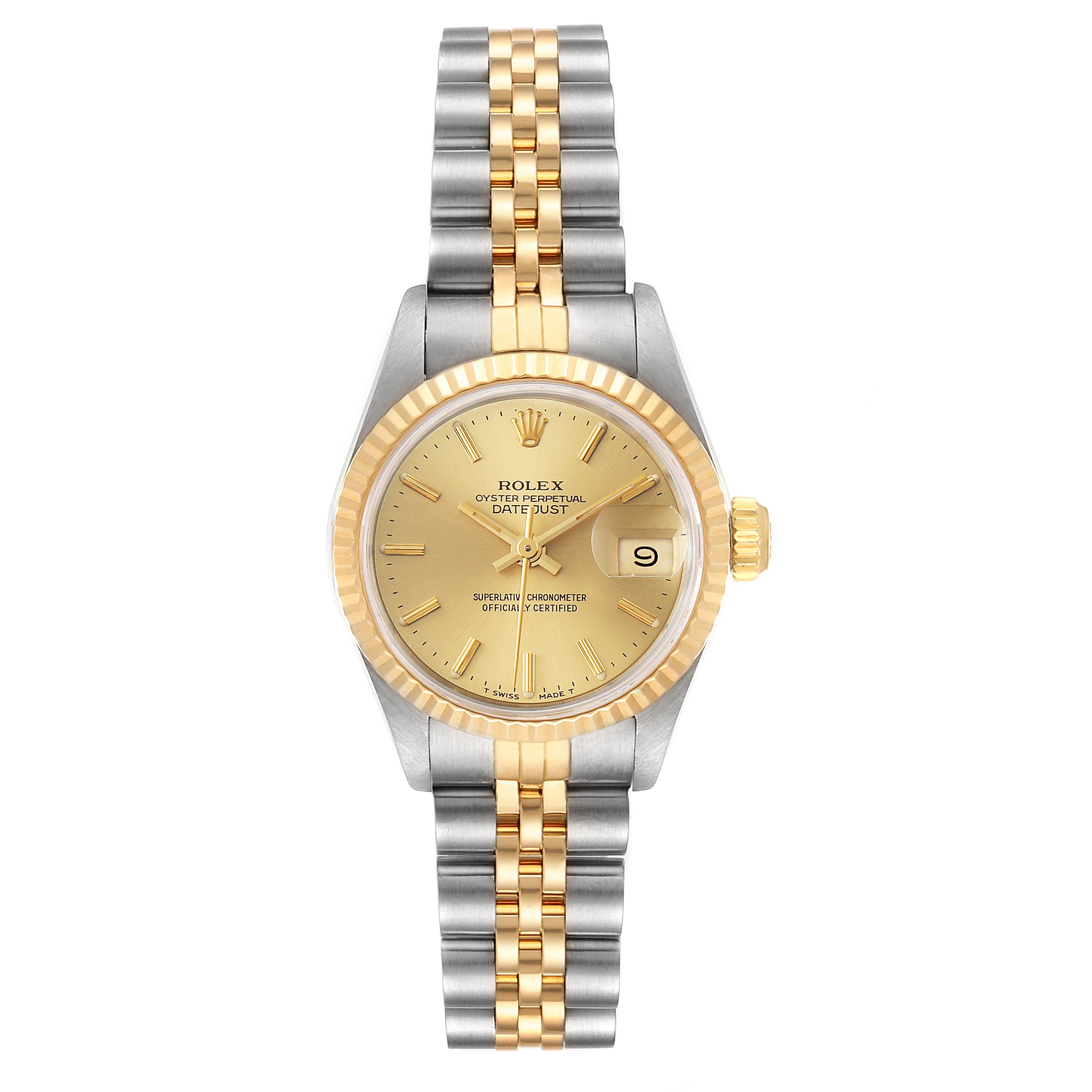 This Rolex Datejust 69173 Women
s Steel and Gold (two tone) Champagne Dial 69173 Women
s Steel and Gold (two tone) Champagne Dial watch is shown from a front angle, highlighting its face, bezel, and two-tone bracelet.