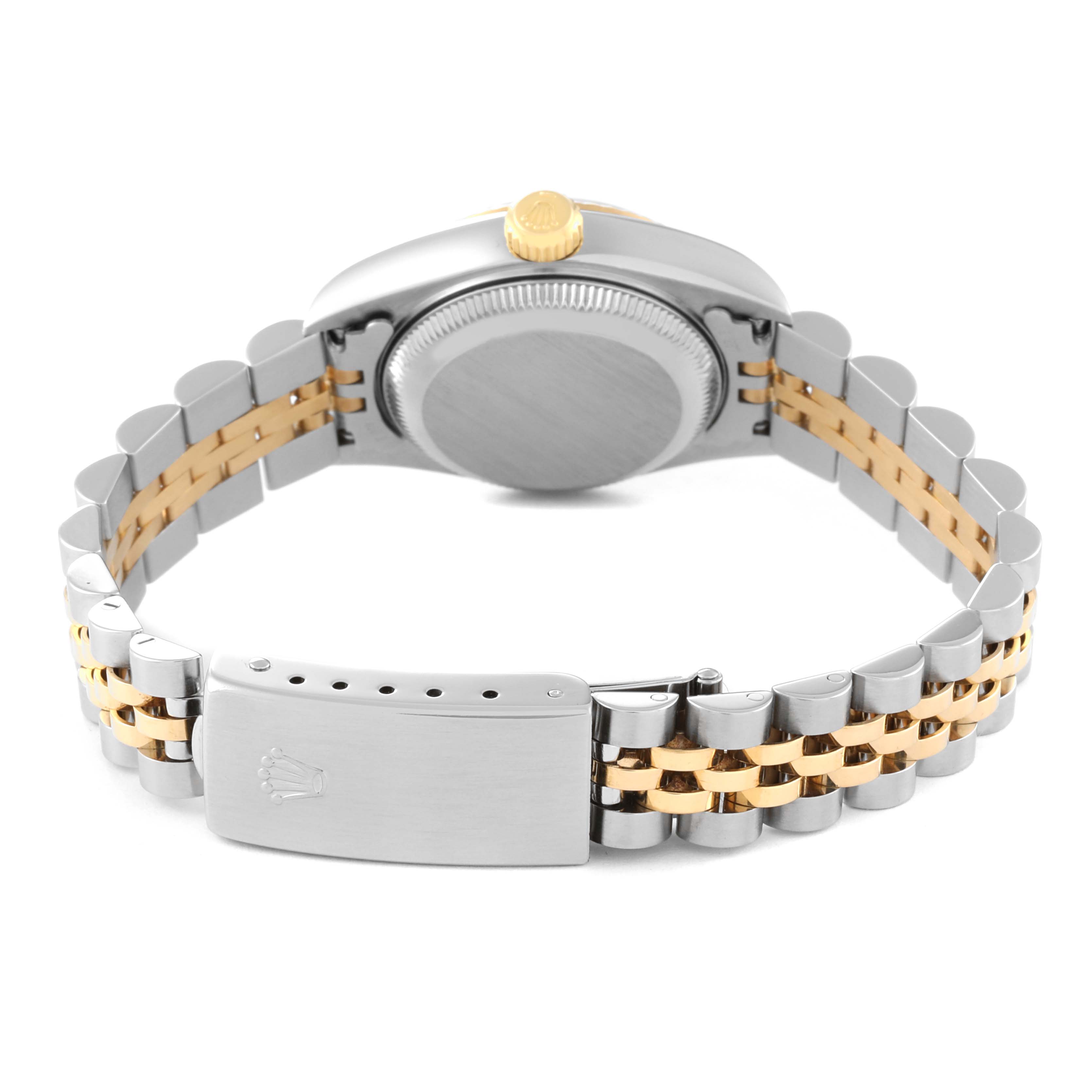 The image shows the back and bracelet of a Rolex Datejust 79173 Women's Steel and Gold (two tone) White Dial 79173 Women's Steel and Gold (two tone) White Dial, highlighting the clasp, case, and two-tone metal band.
